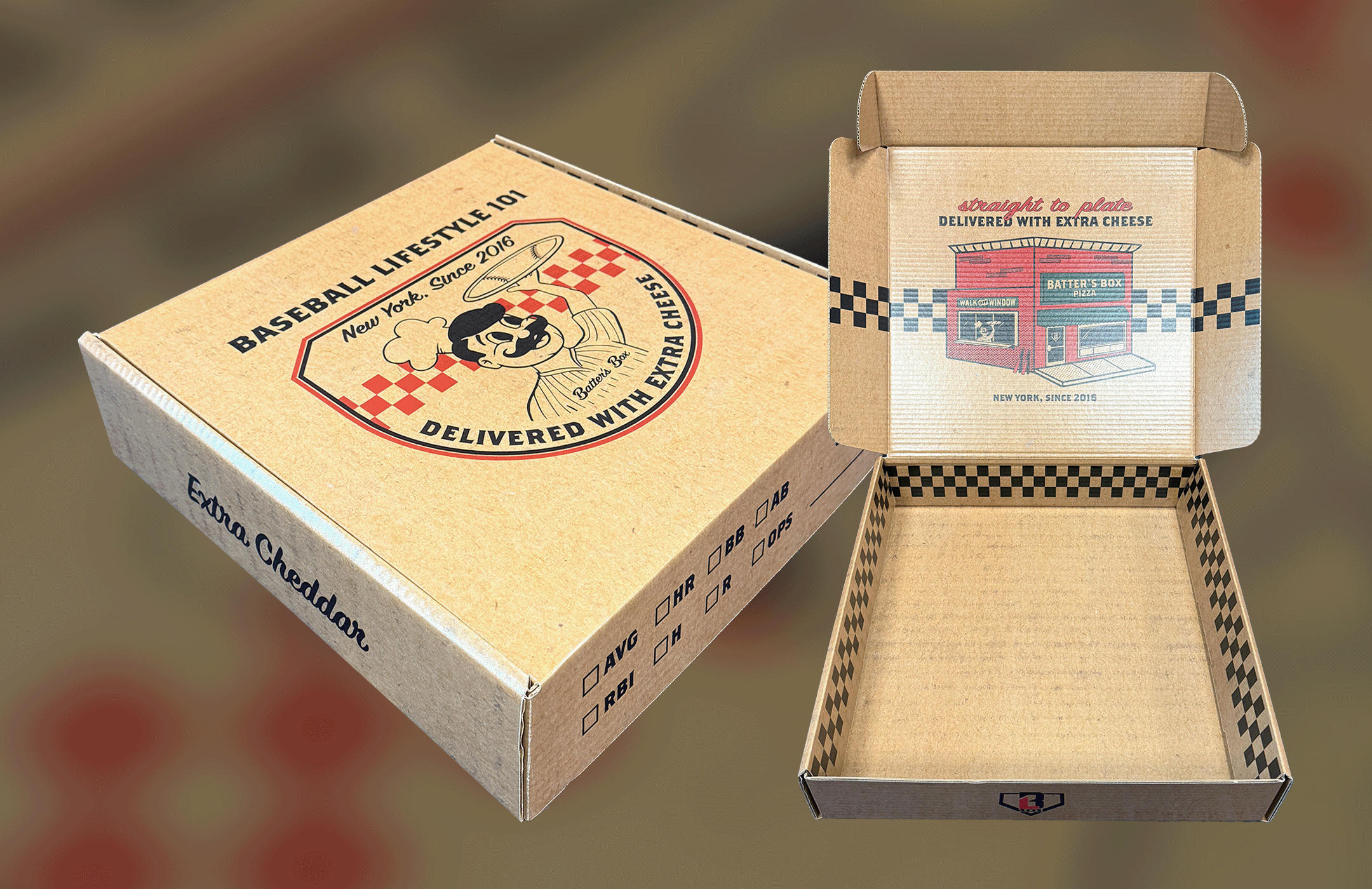 A GIF of Baseball Lifestyle 101 PR boxes featuring unique designs. One box is pizza-box inspired, replicating an actual pizza box—the other is donut themed, wityh pink frosting and colorful sprinkles.