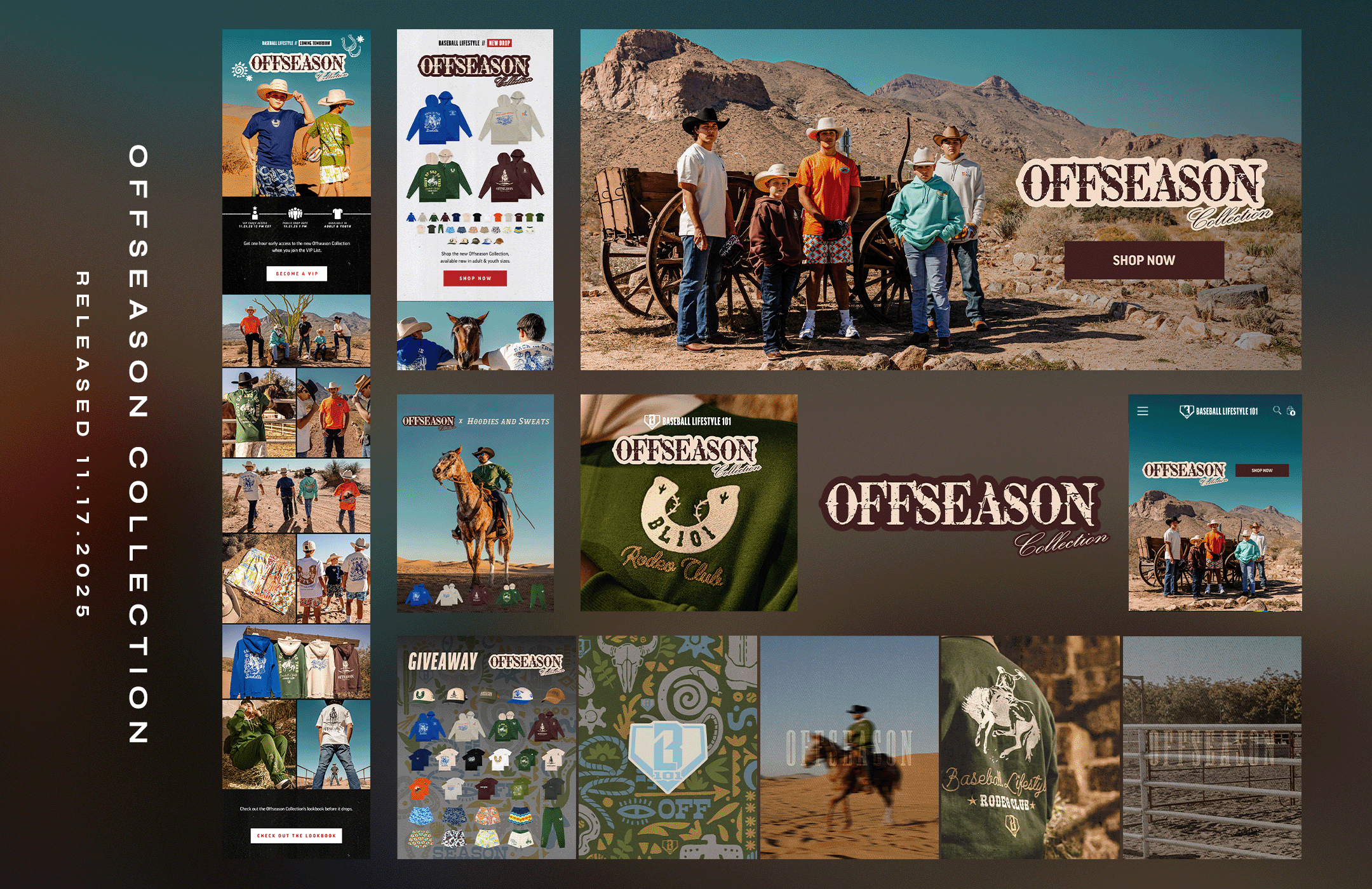 A GIF collage of digital marketing images for various Baseball Lifestyle 101 collections featuring outdoor and western-themed apparel, with unique visual identities.