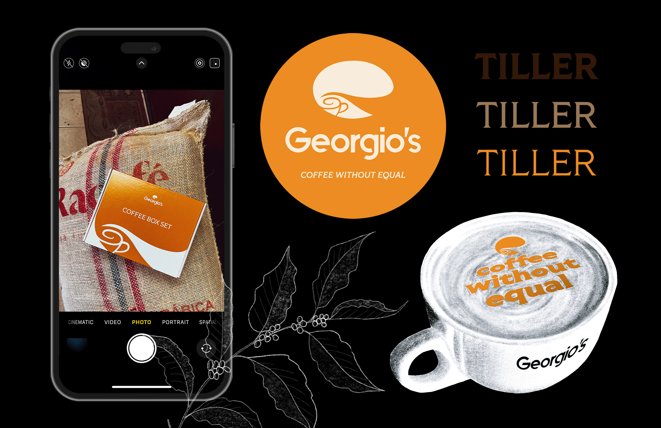Design showcasing Georgio's coffee brand with a smartphone displaying a photo of a coffee bean burlap bag and box, the Georgio's logo, and the tagline 'Coffee Without Equal,' along with a coffee mug featuring the same tagline, and the brand name repeated in different font styles.