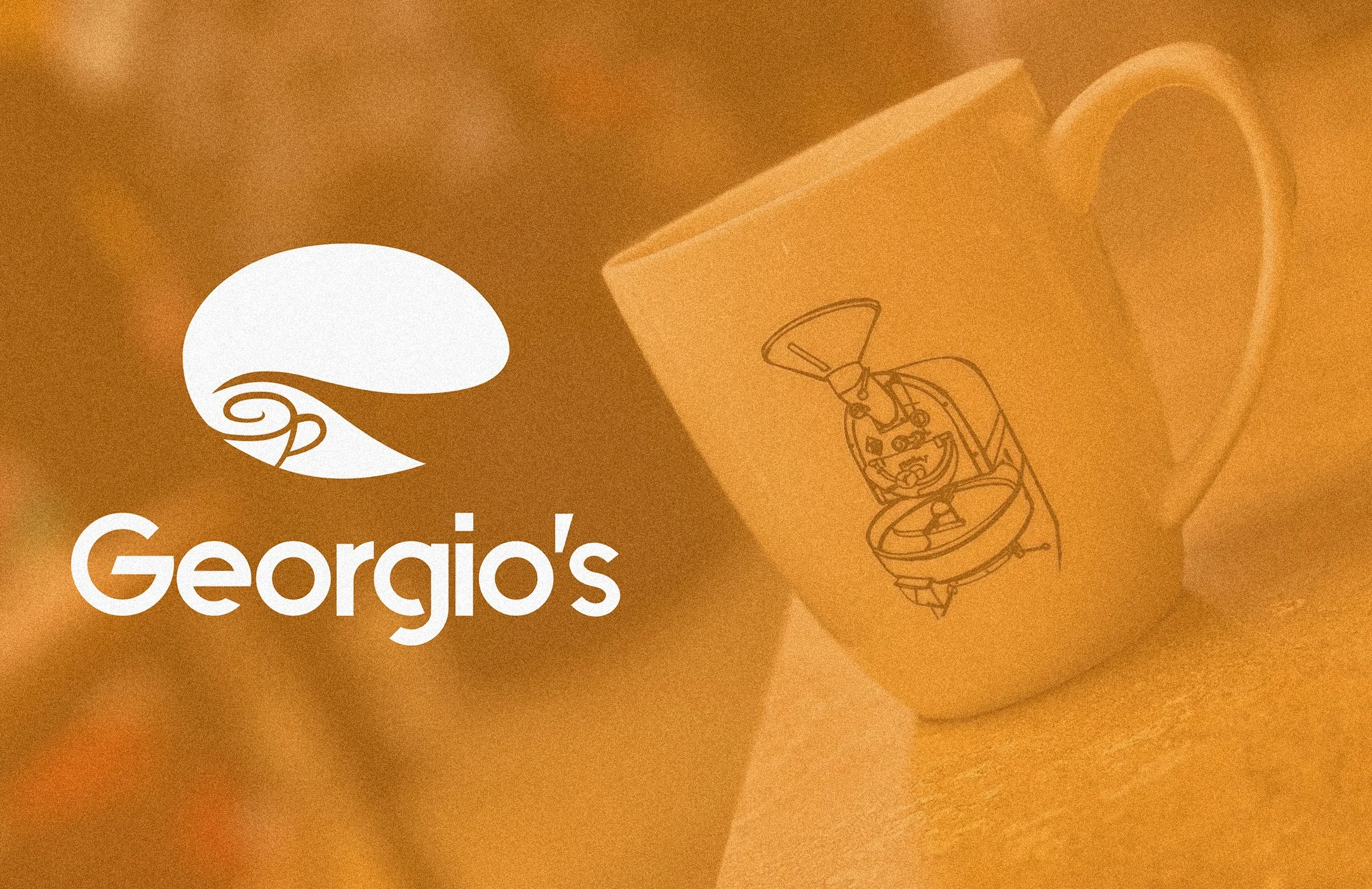 An white ceramic mug with a line drawing of a coffee machine, placed on a wood surface. The image also features a white logo with a spiral wave and the text "Georgio's."
