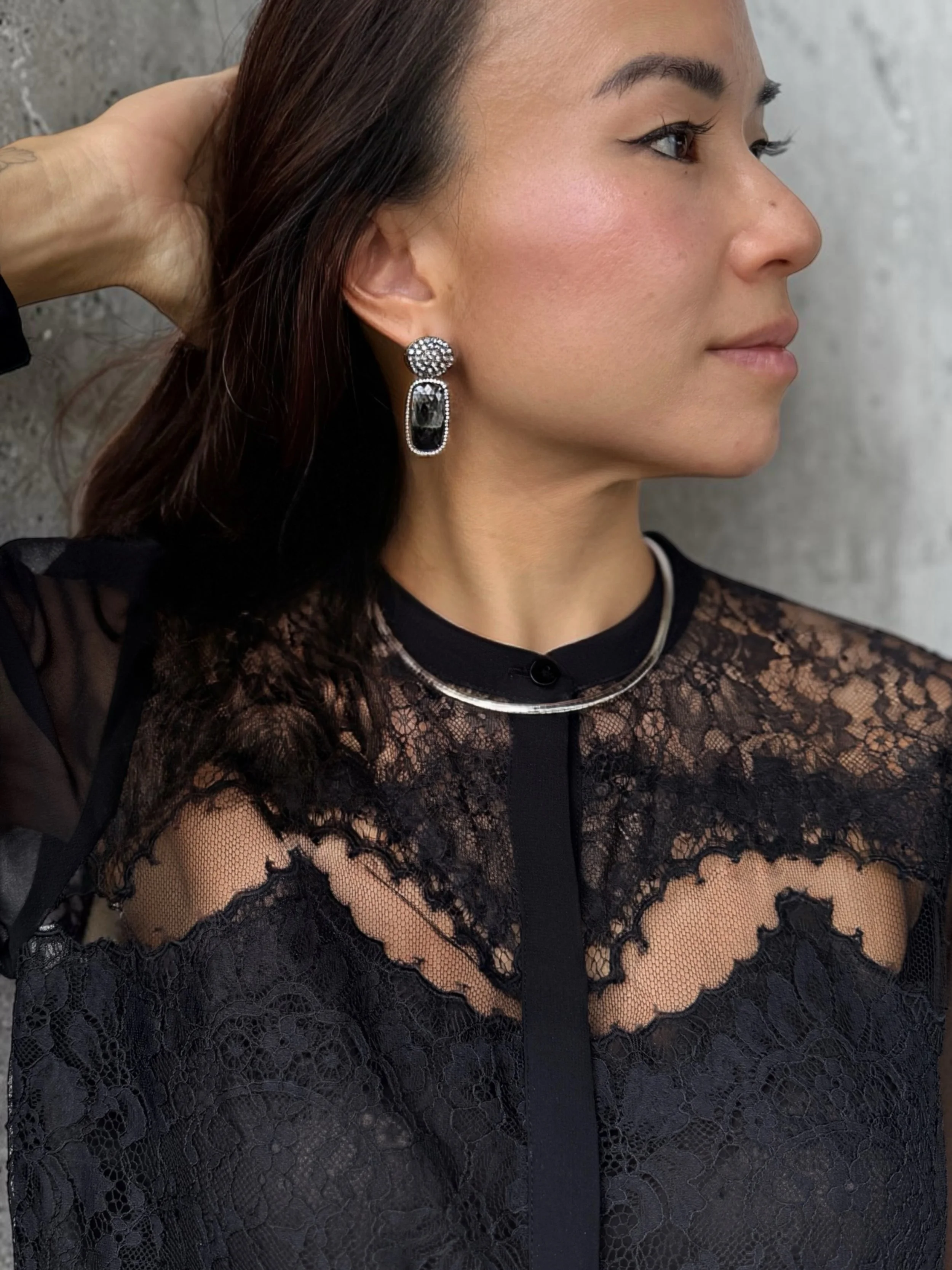 Inspired by heritage houses, but taking a sharp, sculptural spin on precious stones. We built these convertible drops to play with extreme textures&mdash;combining a dome of inverted salt-and-pepper diamonds with raw black crystal points.