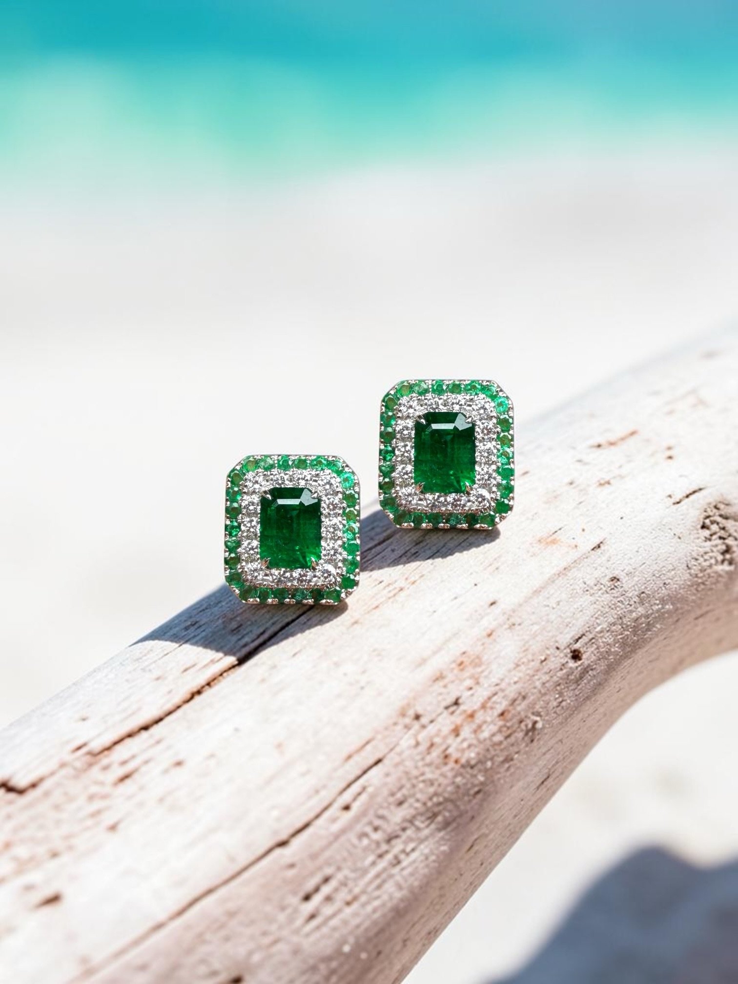 Natural emeralds - two pairs. Completely different in their cuts and hues. First one is a pair of vivid green Zambians with traditional emerald cut. The 2nd one is from Madagascar - mixed cut almost like a sugarloaf and bright. They both have one thi