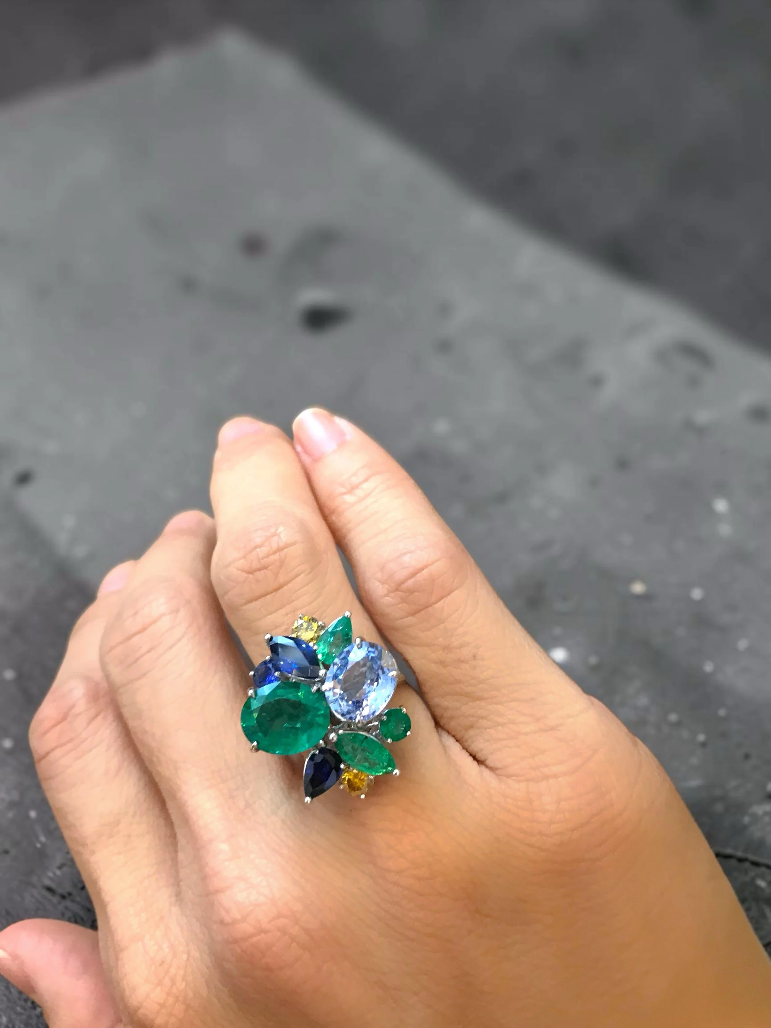 Inspired by the great outdoors 💚💙. I find inspirations in Mother Nature all the time - the colors, textures, cascading Mountain Views. 

Featuring our sapphire and emerald statement ring with yellow diamonds. What a fun piece to wear. One can never