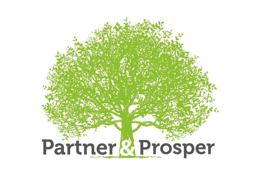 Green tree with dense foliage above the words 'Partner & Prosper' in black text.