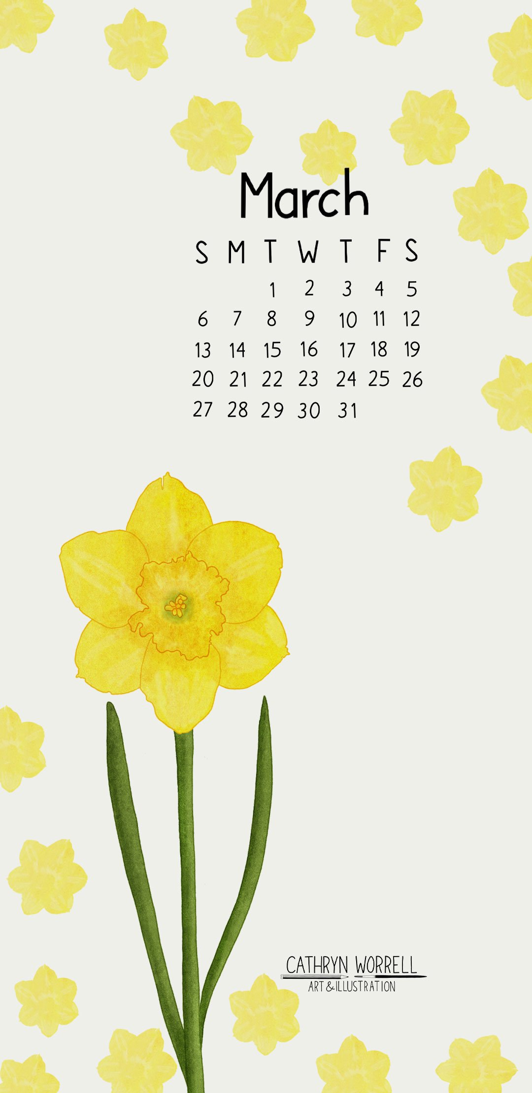 Phone wallpaper and calendar for March — Cathryn Worrell Art & Illustration