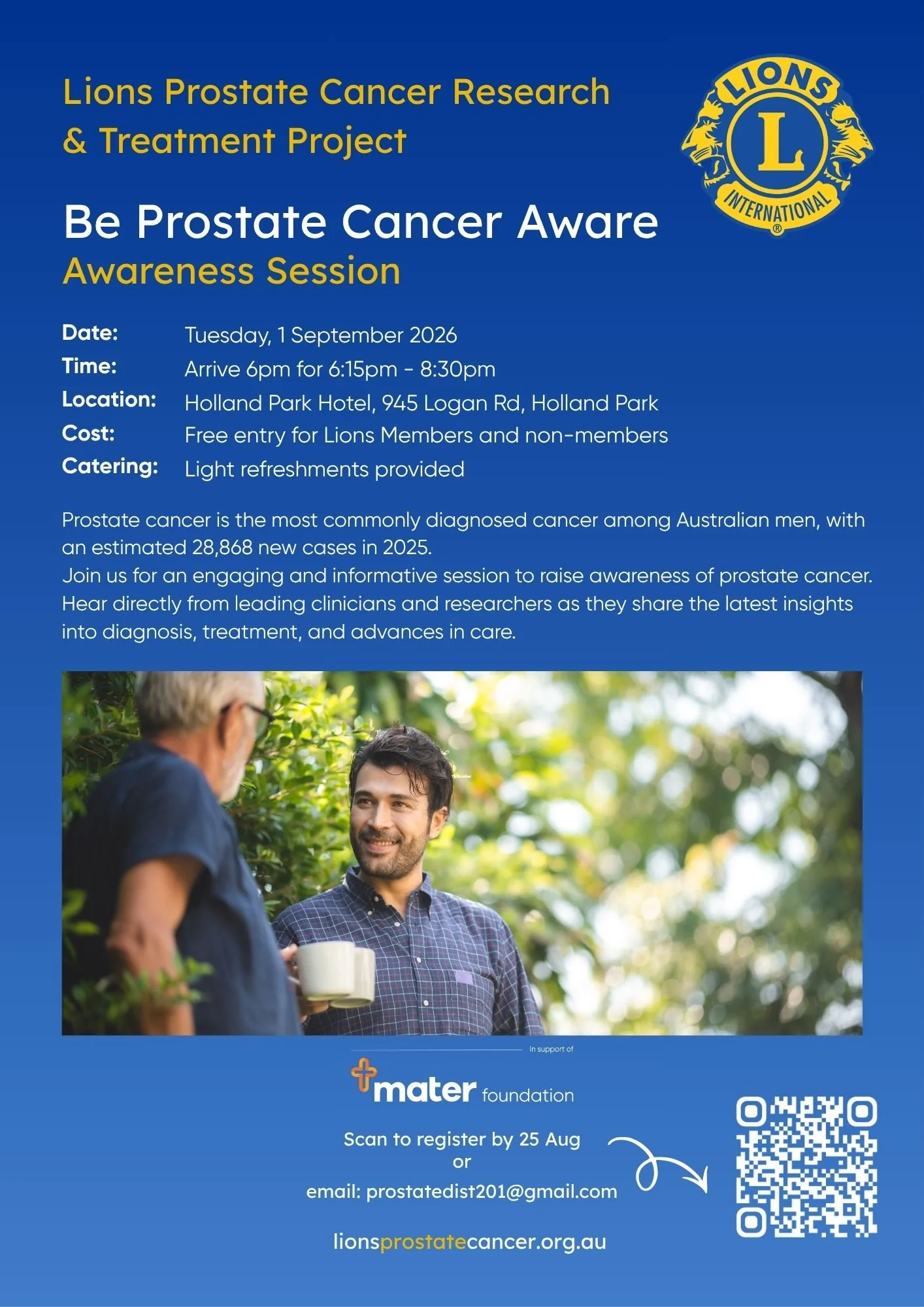 Flyer for Lions Prostate Cancer Awareness Session featuring the Lions International logo, includes event details such as date, time, location, free entry, light refreshments, and a photo of two men talking outdoors
