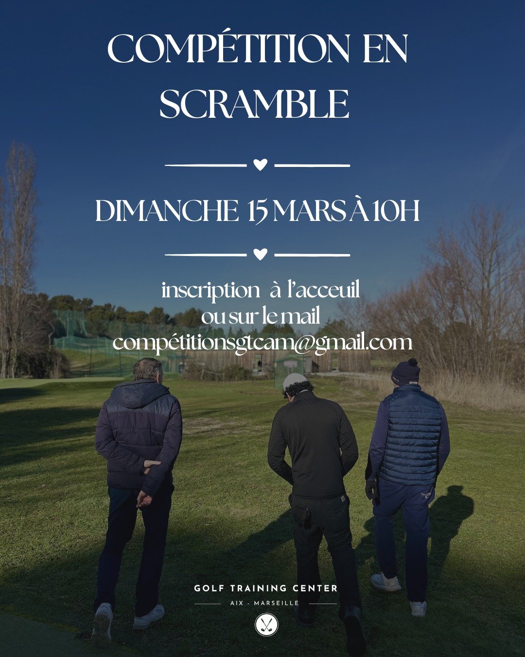 COMP&Eacute;TITION EN SCRAMBLE
Le Golf Training Center Aix-Marseille organise une comp&eacute;tition conviviale en scramble !

--> Dimanche 15 mars
--> D&eacute;part de la comp&eacute;tition &agrave; 10h
📍 R&eacute;union d&rsquo;information &a