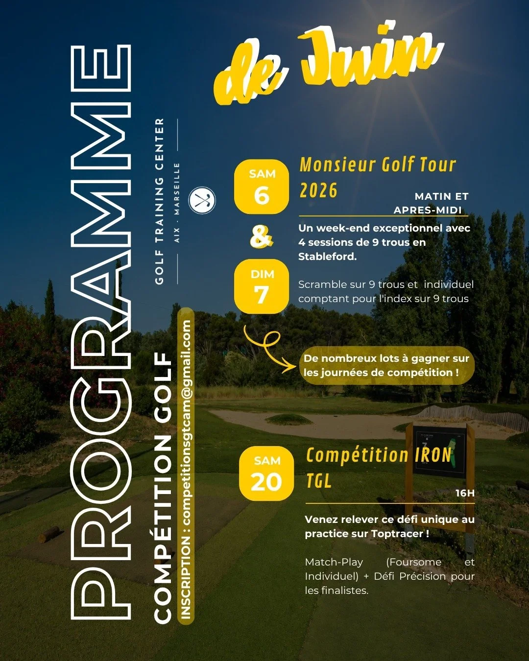🏌️&zwj;♂️✨ PROGRAMME DE JUIN &ndash; LES GRANDS RENDEZ-VOUS ✨🏌️&zwj;♀️

Le mois de juin s&rsquo;annonce exceptionnel au Golf Training Center ! 🌞⛳
Pr&eacute;parez-vous pour un week-end 100% golf avec comp&eacute;tition, fun et nombreux cadeaux &agr