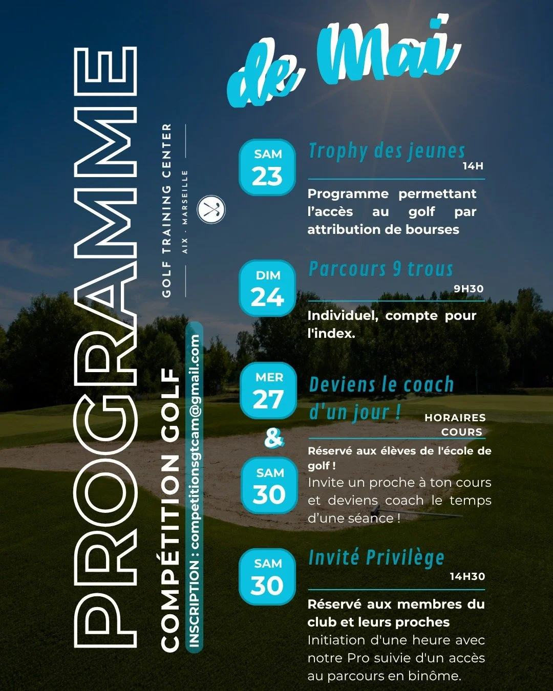 🏌️&zwj;♂️✨ MOIS DE MAI : ENGAGEMENT &amp; PERFORMANCE ✨🏌️&zwj;♀️

Ce mois-ci au Golf Training Center, place au partage, &agrave; la progression et &agrave; la performance ⛳🔥
Des &eacute;v&eacute;nements pour tous les profils : jeunes, comp&eacute;
