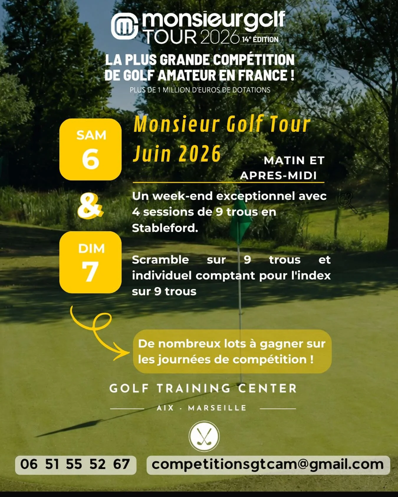 🏌️&zwj;♂️ MONSIEUR GOLF TOUR 2026 &ndash; LES 6 &amp; 7 JUIN 🏌️&zwj;♀️. Le plus grand circuit amateur de France fait &eacute;tape au Golf Training Center Aix-Marseille ! 🔥
📅 Samedi 6 &amp; Dimanche 7 juin
⛳ 4 &eacute;preuves sur le week-end
🏆 St