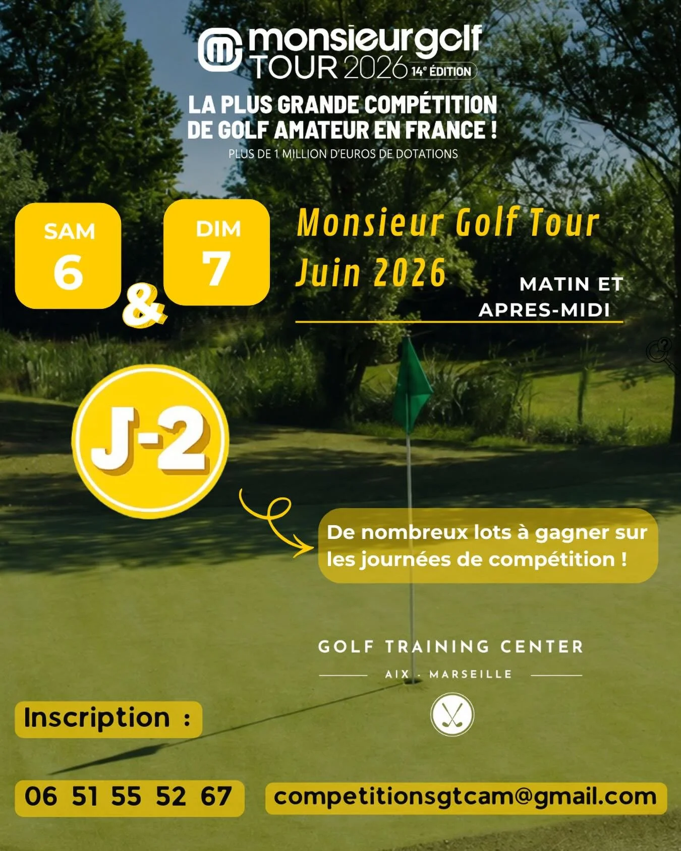🏌️&zwj;♂️⏳ J-2 avant le Monsieur Golf Tour 2026 !

La plus grande comp&eacute;tition de golf amateur de France arrive au Golf Training Center Aix-Marseille les 6 &amp; 7 juin !

🎁 De nombreux lots &agrave; gagner
⛳ Une ambiance conviviale et sporti