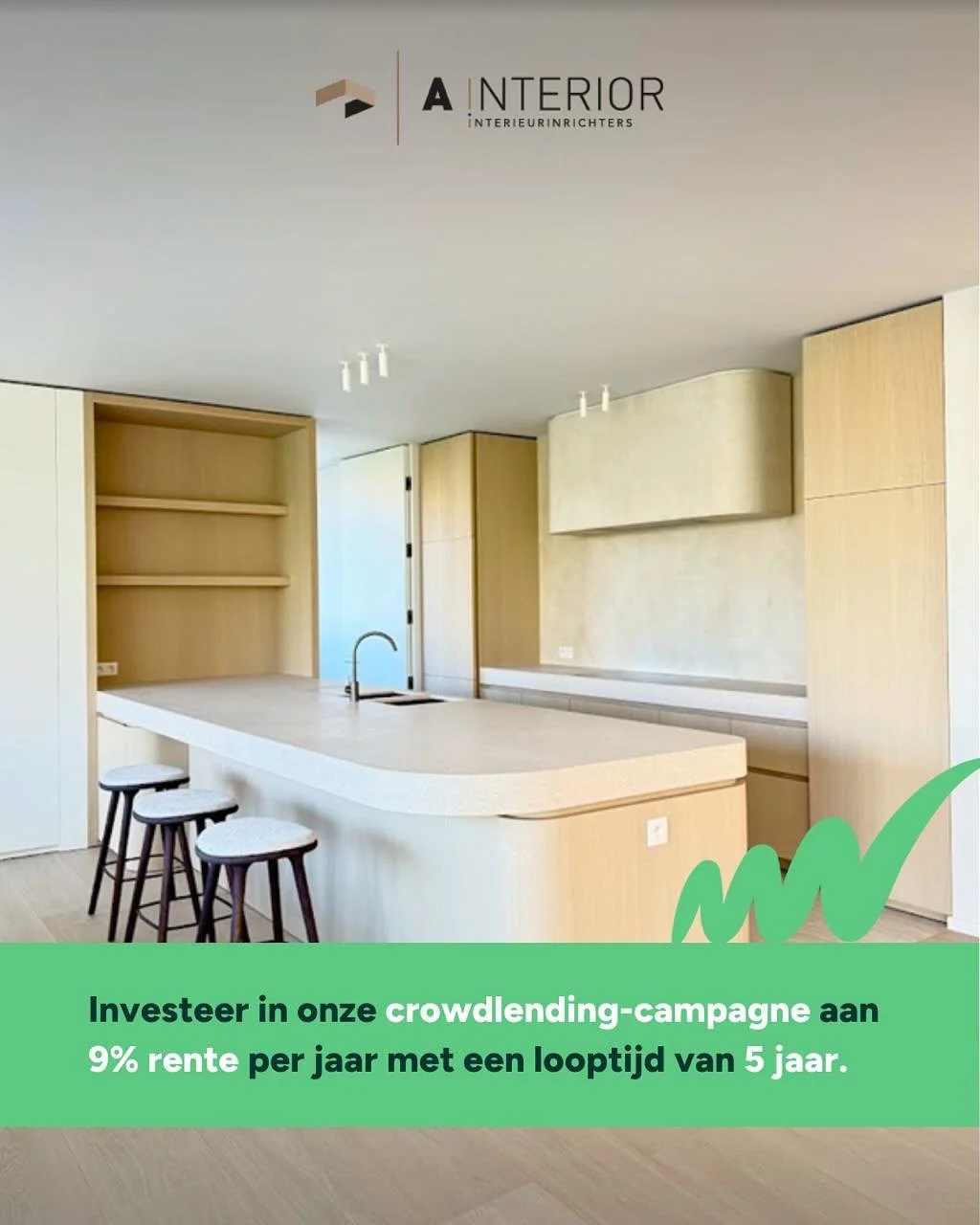 Investeer in @ainterior_interieur aan een 𝗿𝗲𝗻𝘁𝗲 𝘃𝗮𝗻 𝟵% met een 𝗹𝗼𝗼𝗽𝘁𝗶𝗷𝗱 𝘃𝗮𝗻 𝟱 𝗷𝗮𝗮𝗿 en bouw mee aan de groei van een sterke speler in interieurinrichting en renovatie. Vanuit hun atelier in Brugge levert het team maatkasten, b