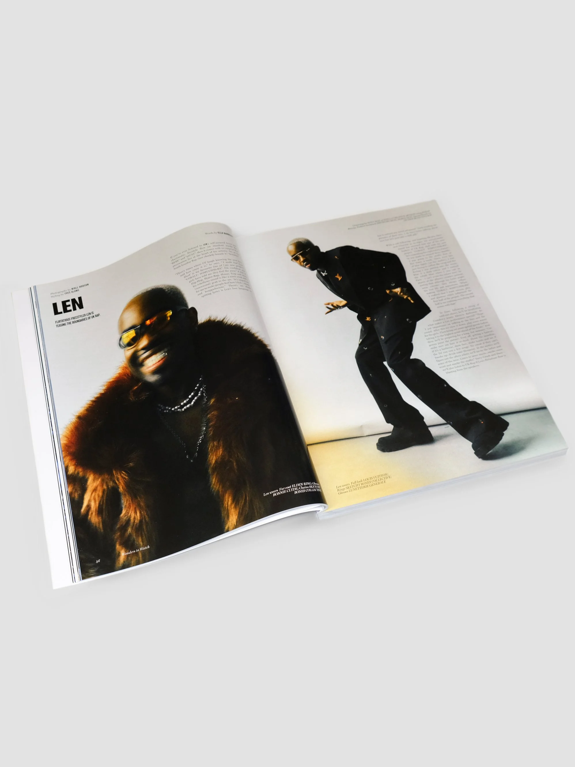 Wonderland Magazine Summer 2024 issue, double page feature editorial on South London musician Len, styled in Sketchy Bones Collective.