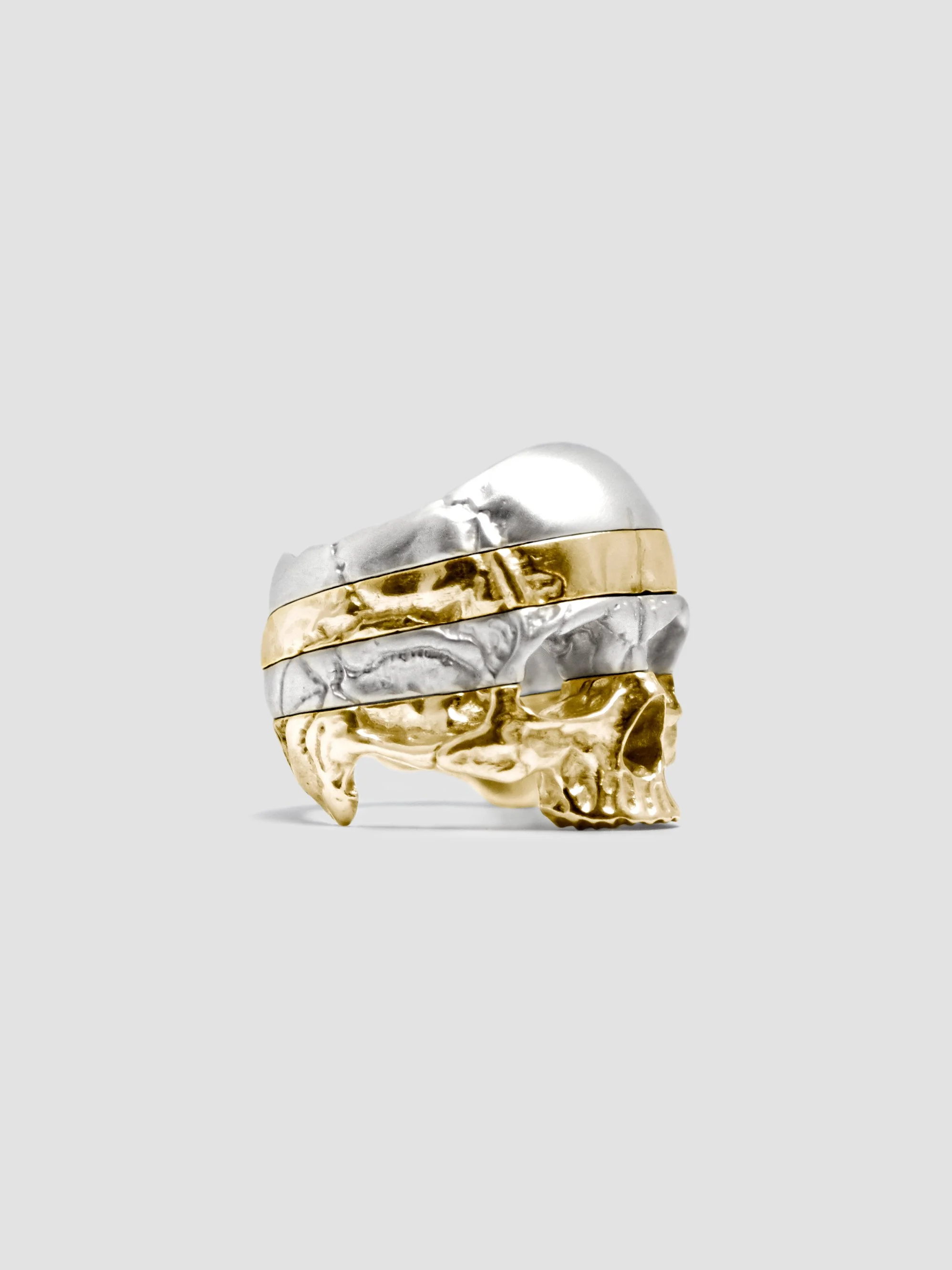 Complete stack with mixed metals and finishes.
Bottom to top; 9ct yellow gold/phantom finish, sterling silver/satin finish, 9ct yellow gold/phantom finish, sterling silver/satin finish.