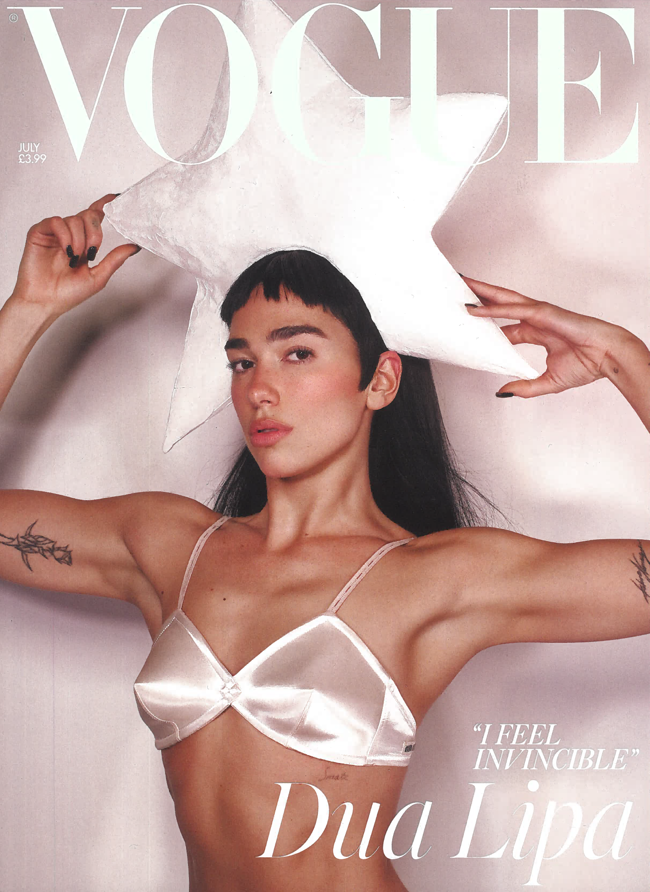 Front cover of British Vogue July 2025 featuring Dua Lipa. Sketchy Bones Collective featured in the Jewellery Designer Profile of this issue (not on the cover).