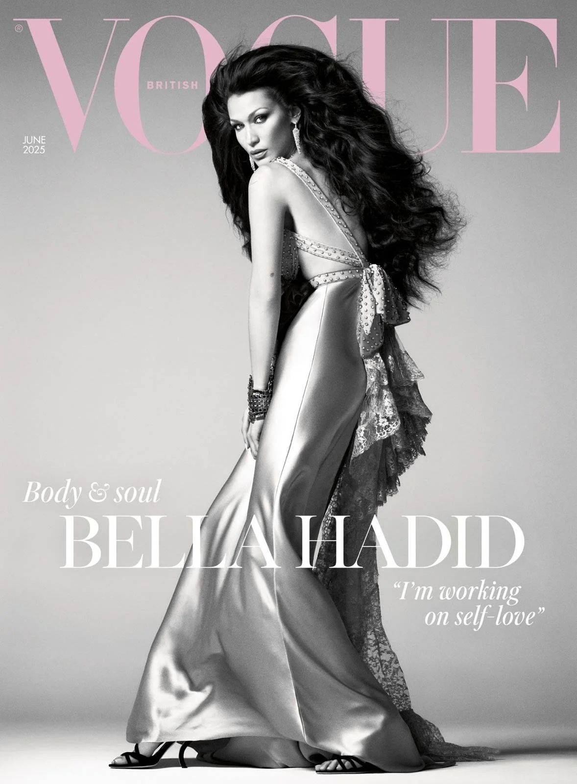 Front cover of British Vogue June 2025 featuring Bella Hadid. Sketchy Bones Collective featured in the Jewellery Designer Profile of this issue (not on the cover).