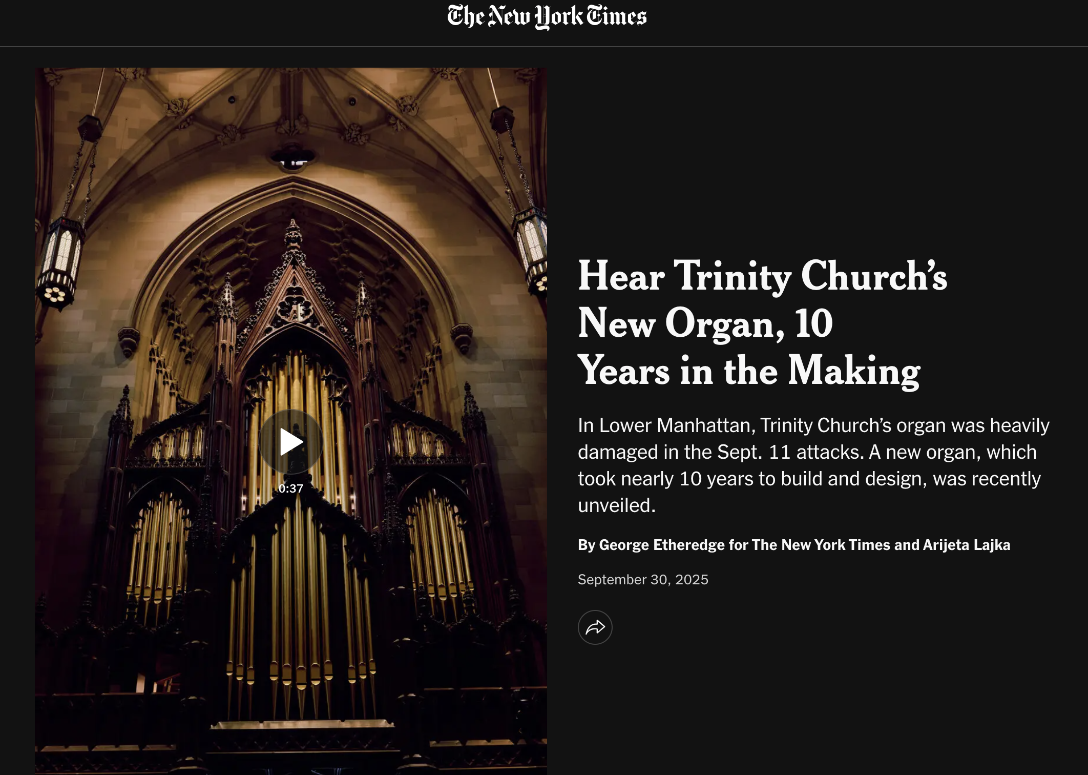 Threshold's work is featured in the New York Times in an article that provides an inside view of Trinity Church's new pipe organ in Lower Manhattan, with intricate woodwork and pipes, lit by hanging lanterns.
