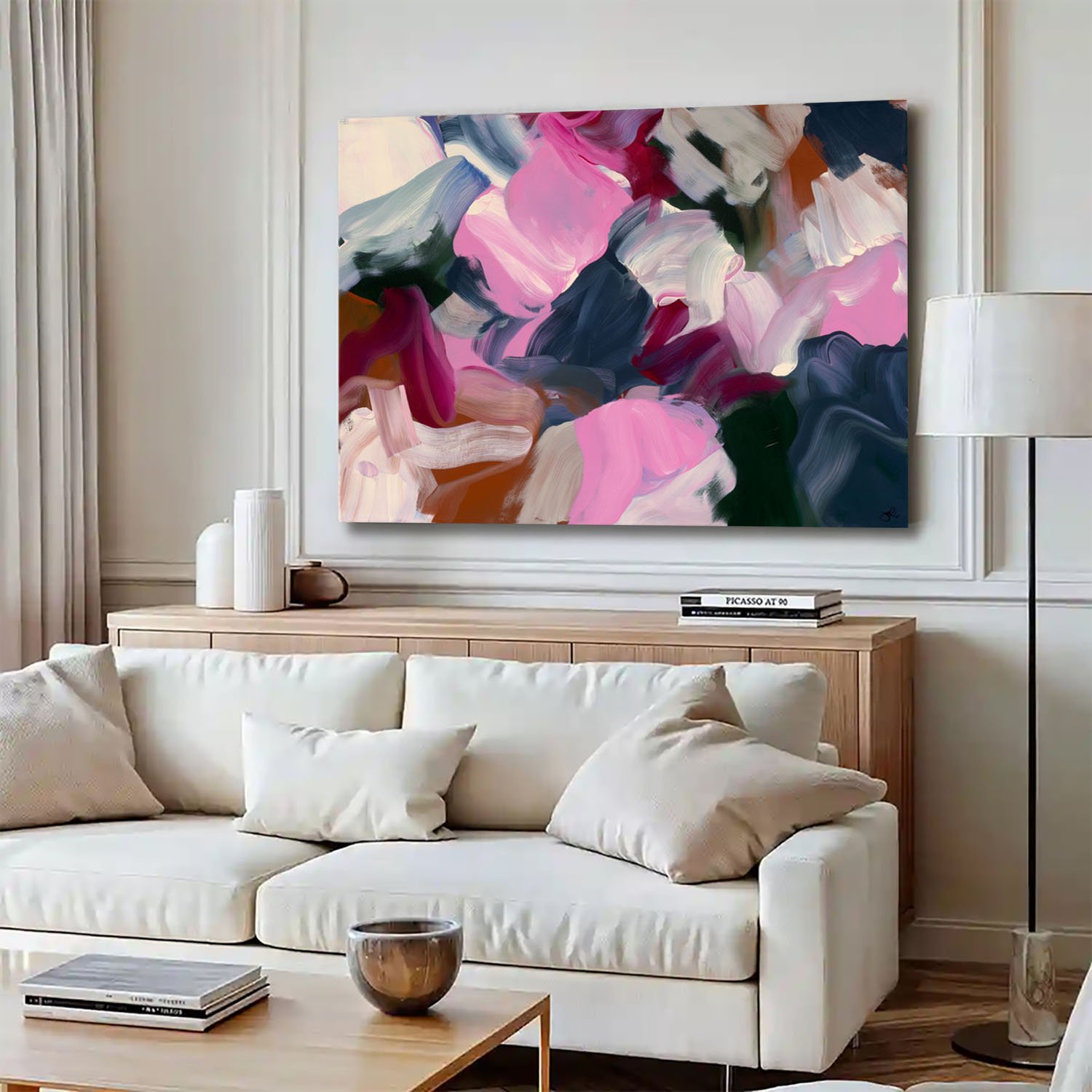 Julie Hawkins "In Or Out Of Love" acrylic on canvas, 40" x 60". Canvas Gallery Toronto. Artwork in-situ modern home design.