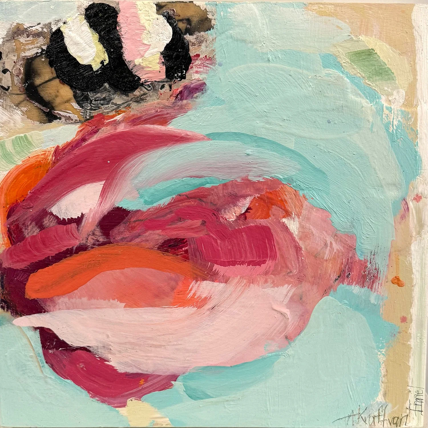 Annette Kraft van Ermel "Pink Veneer" mixed media on panel, 12" x 12"