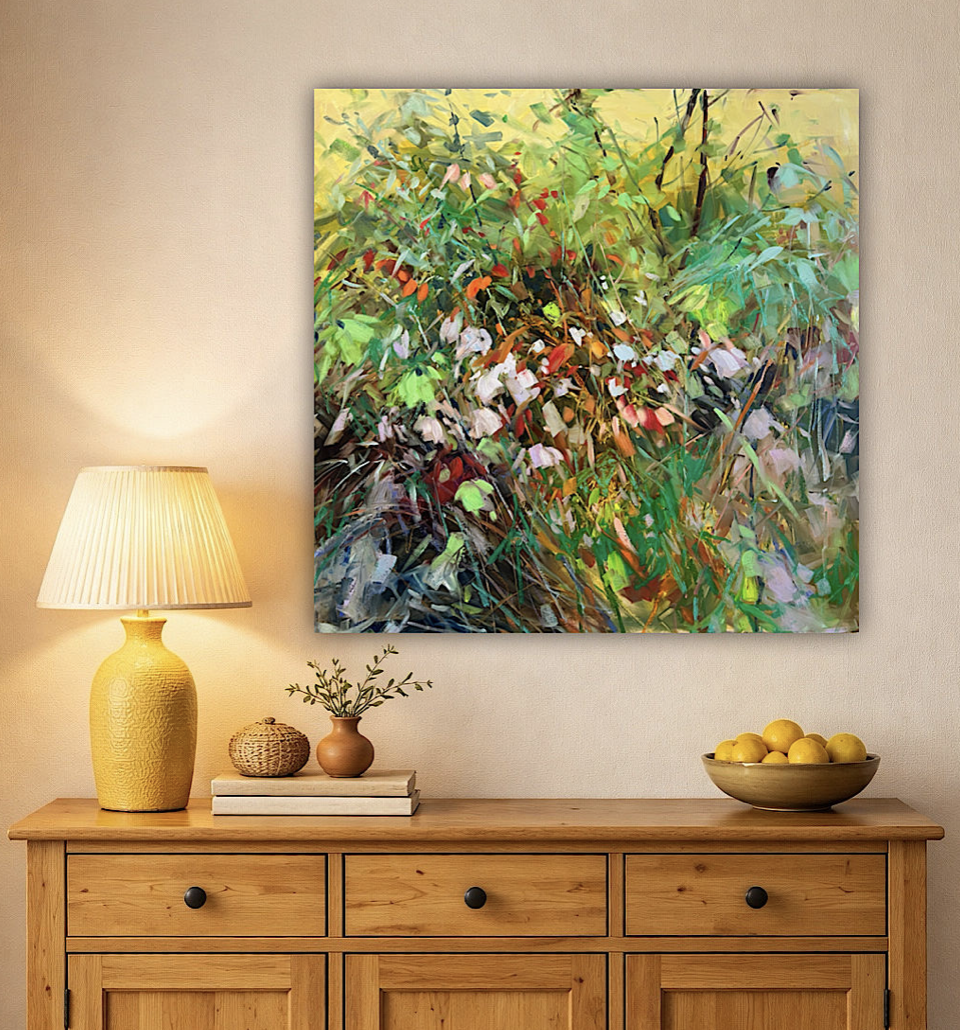 Sheila Davis "Jewels in the Rough" oil on panel, 36" x 36". Artwork in situ, modern home. Original Canadian Art.