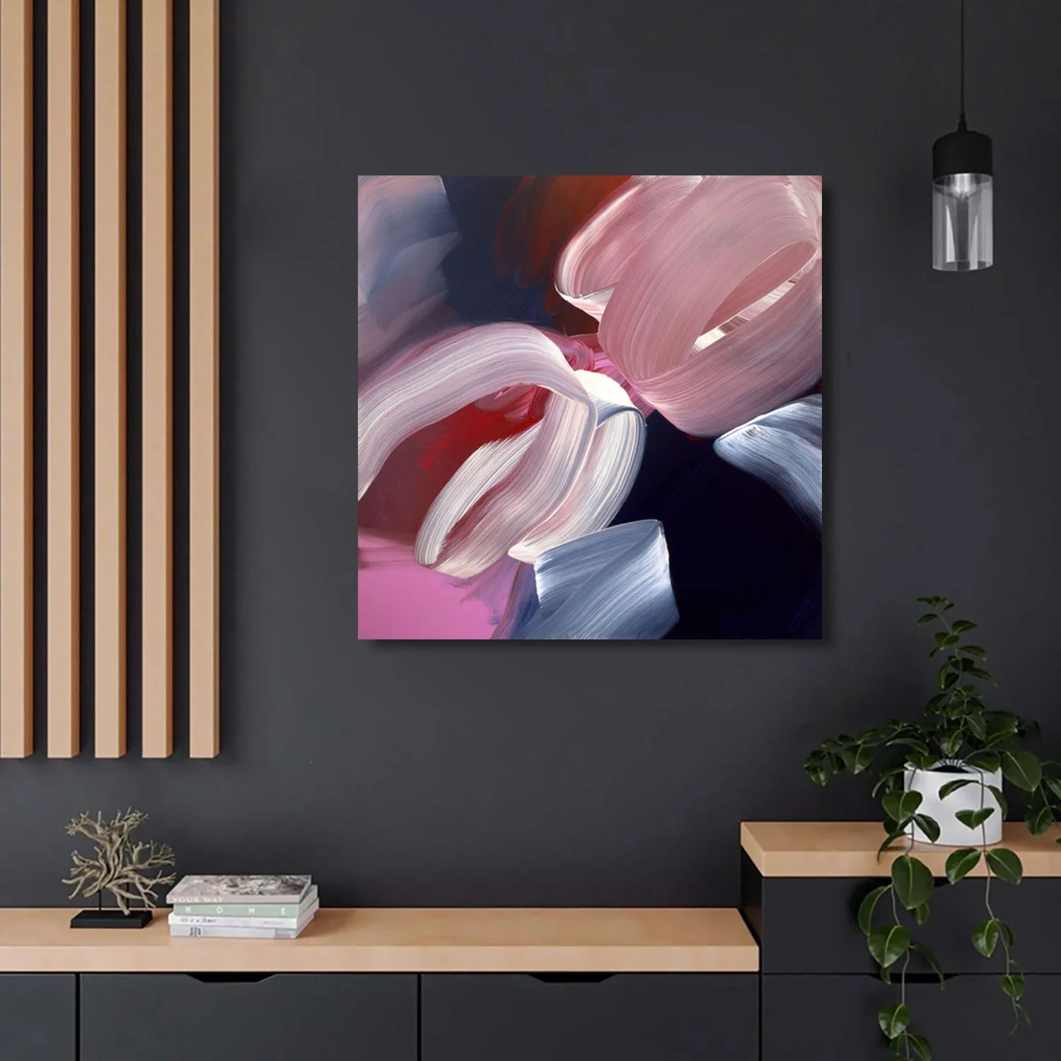 Julie Hawkins "Racing Through My Brain" acrylic on canvas, 30" x 30". Canvas Gallery Toronto. Artwork in-situ modern home.