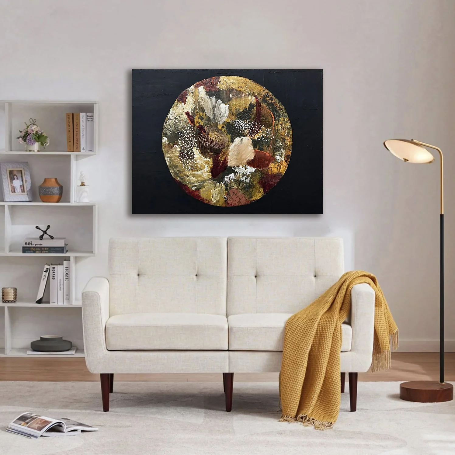 Linelle LeMoine "Seasonal Garden in a Night Sky" mixed media on panel, 36" x 48".  In-situ, modern home design. Original Canadian art. Canvas Gallery Toronto.