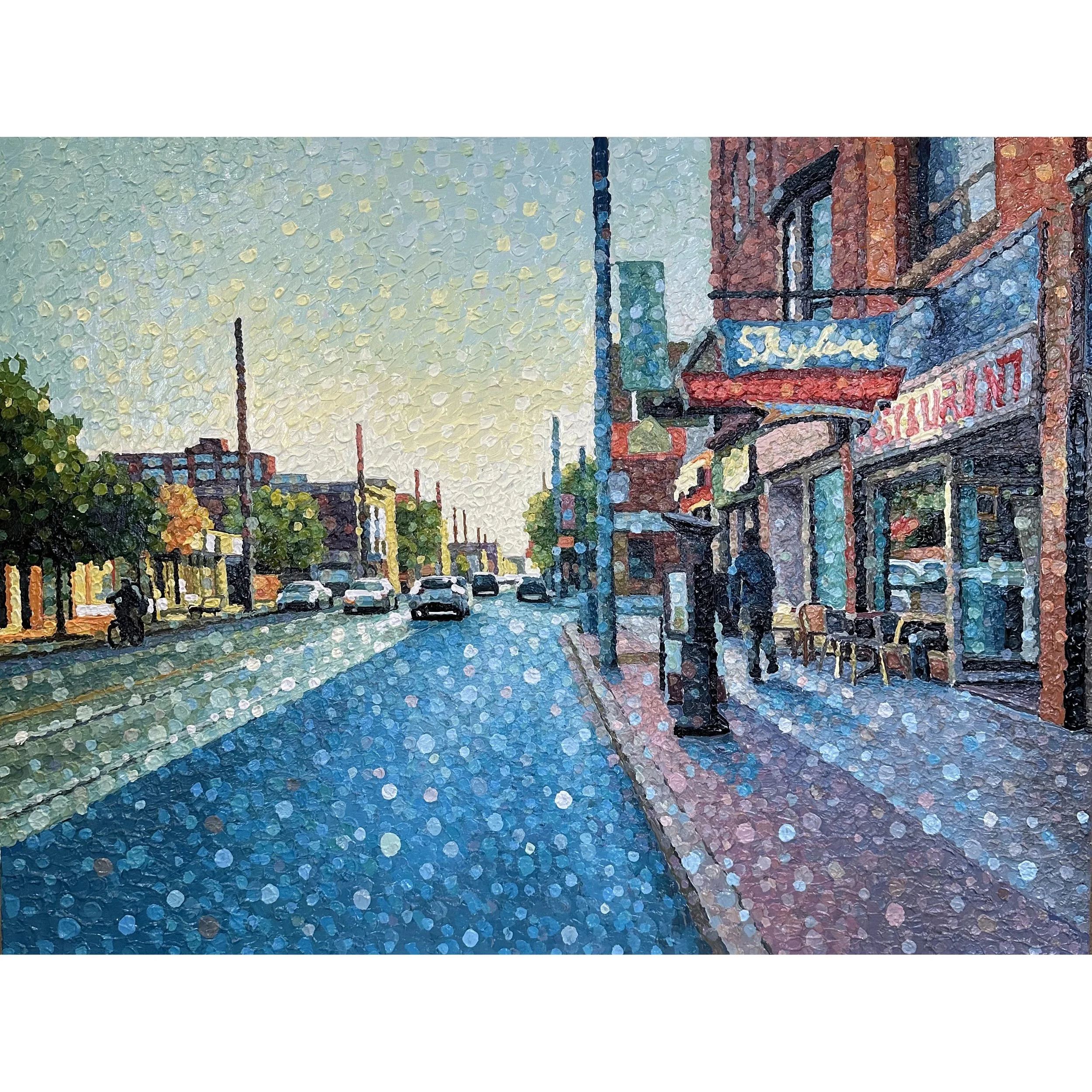 Susan Gale "Welcome Surprise" (Parkdale)  acrylic on panel, 36" x 48"