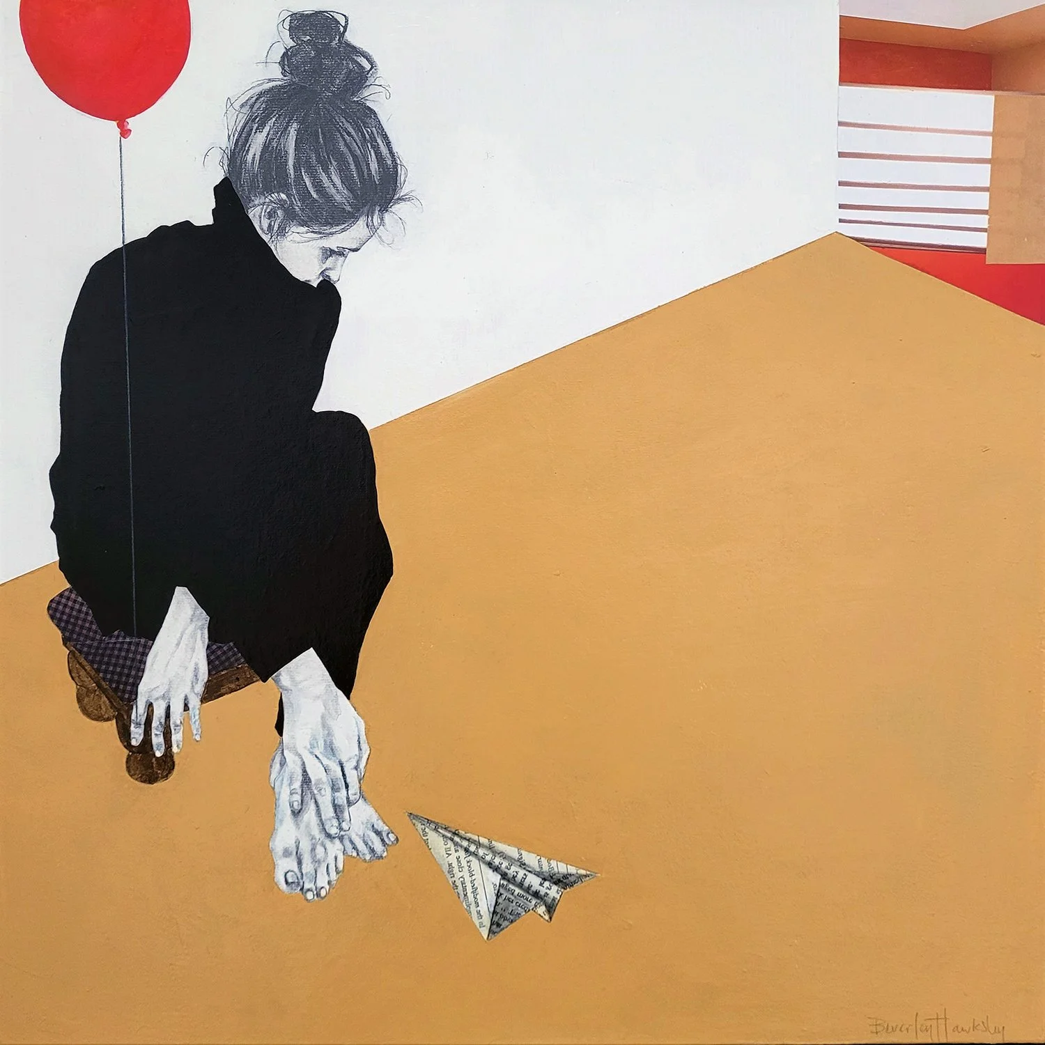 Beverley Hawksley "Soft Landing" mixed media on canvas, 16" x 16"