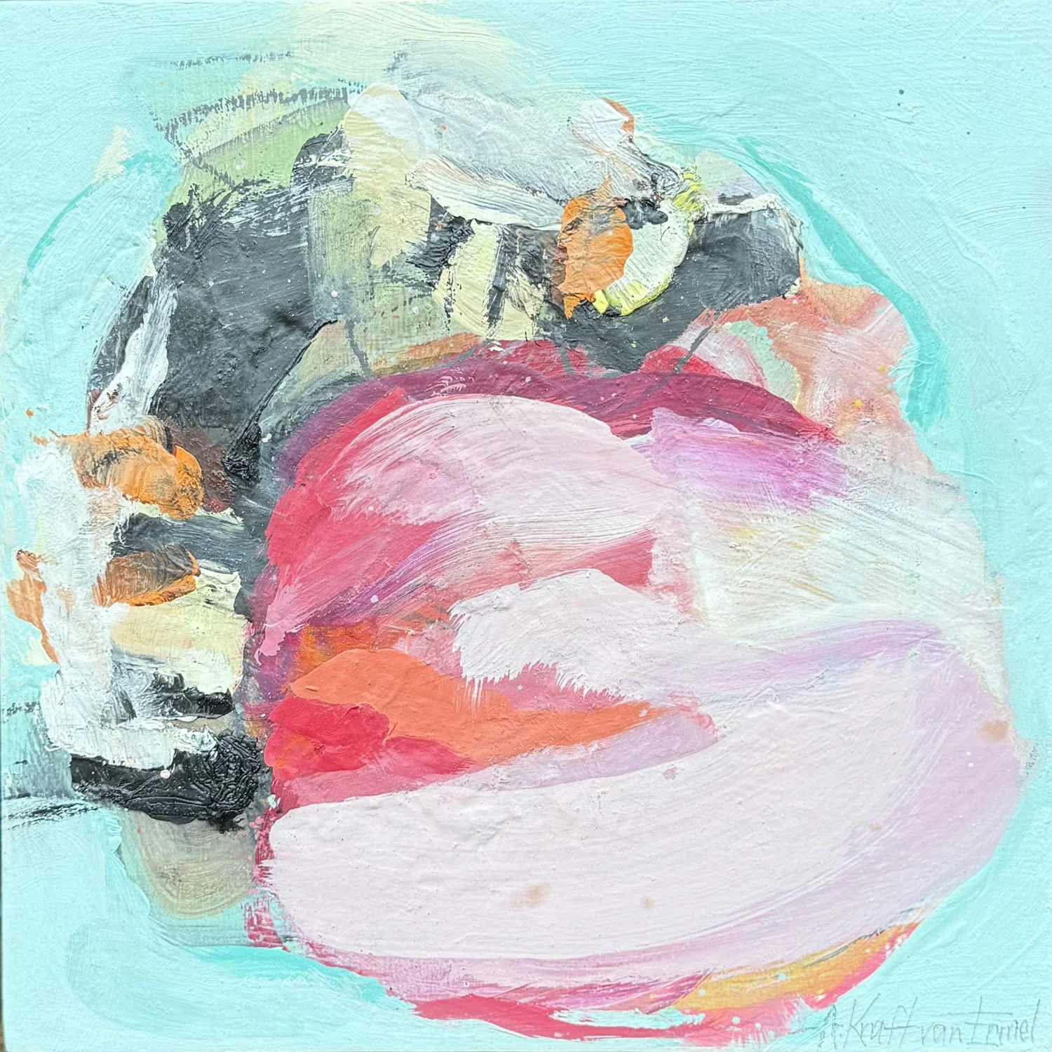 Annette Kraft van Ermel "Sharing Dessert" mixed media on panel, 12" x 12"