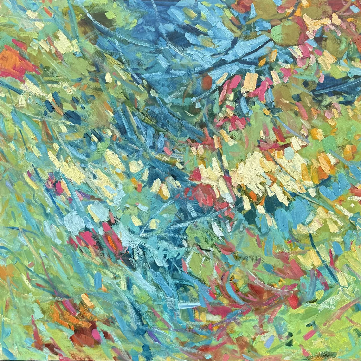 Sheila Davis "Here Fishy Fishy" oil on panel, 30" x 30"