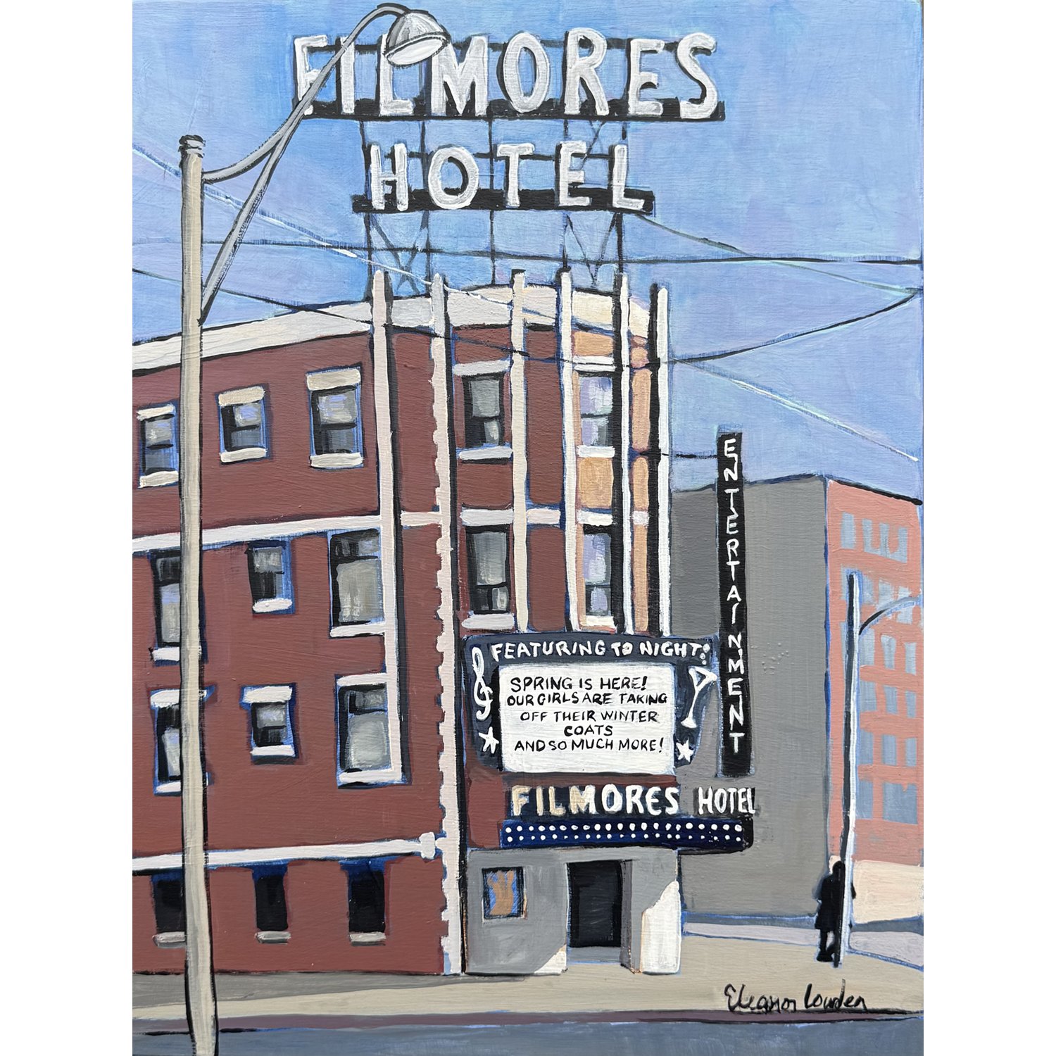 Eleanor Lowden "Filmore's Hotel" acrylic on panel, 20" x 16"