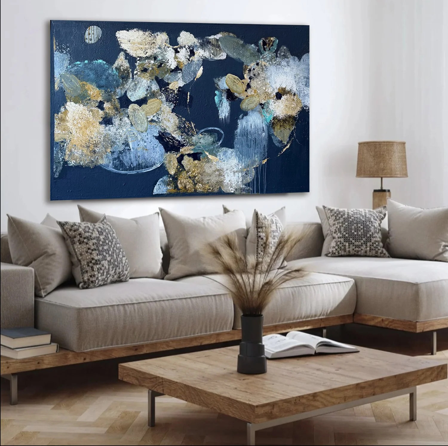 Linelle LeMoine "Many Seasons in a Little Life" mixed media on panel, 48" x 72". In-situ, modern living room design. Canvas Gallery Toronto.