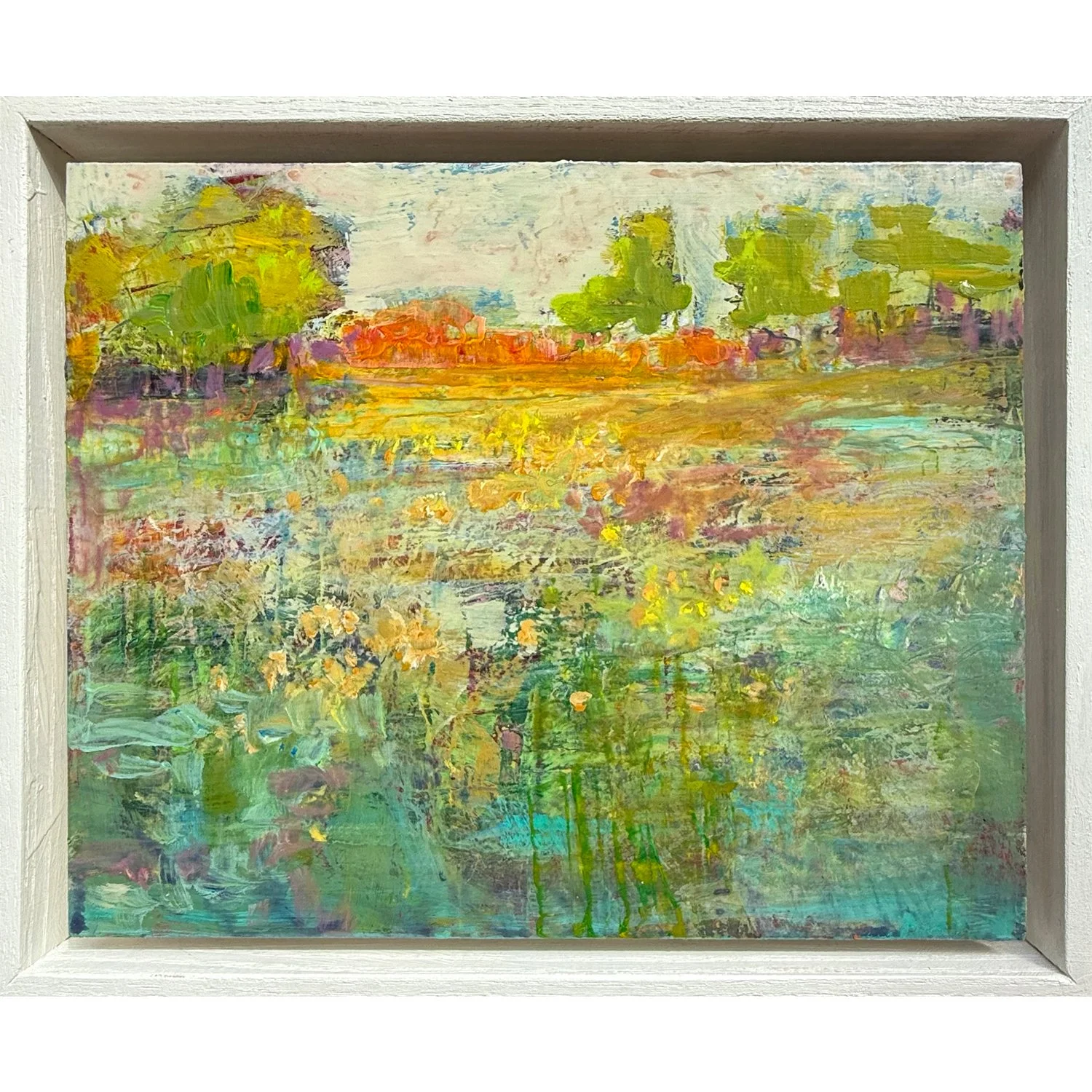 Jacquelyn Sloane Siklos "Looking Over the Pond" acrylic on wooden panel, 8" x 10", framed.