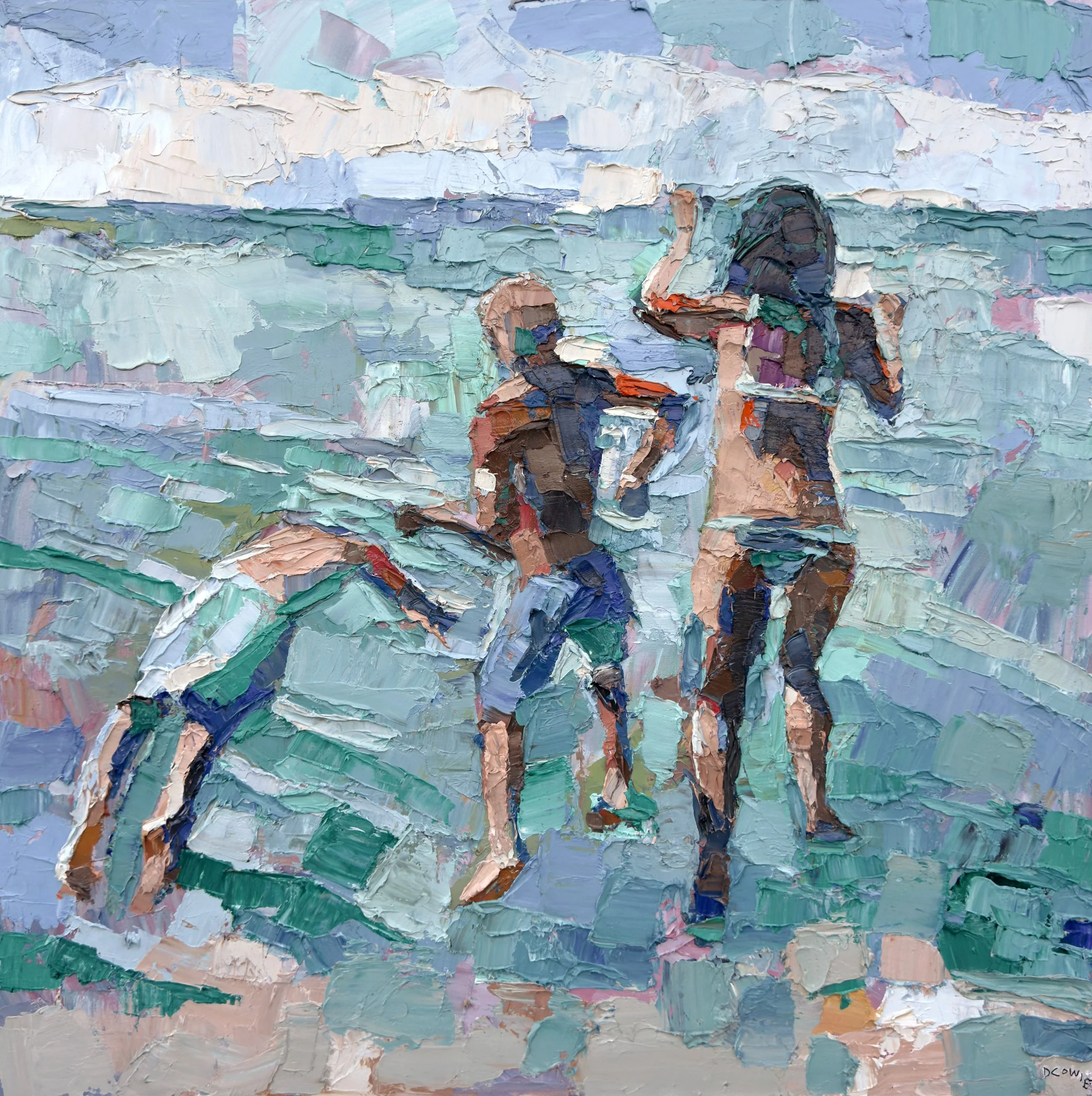 Dana Cowie "Dock Jump I" oil on canvas, 30" x 30"