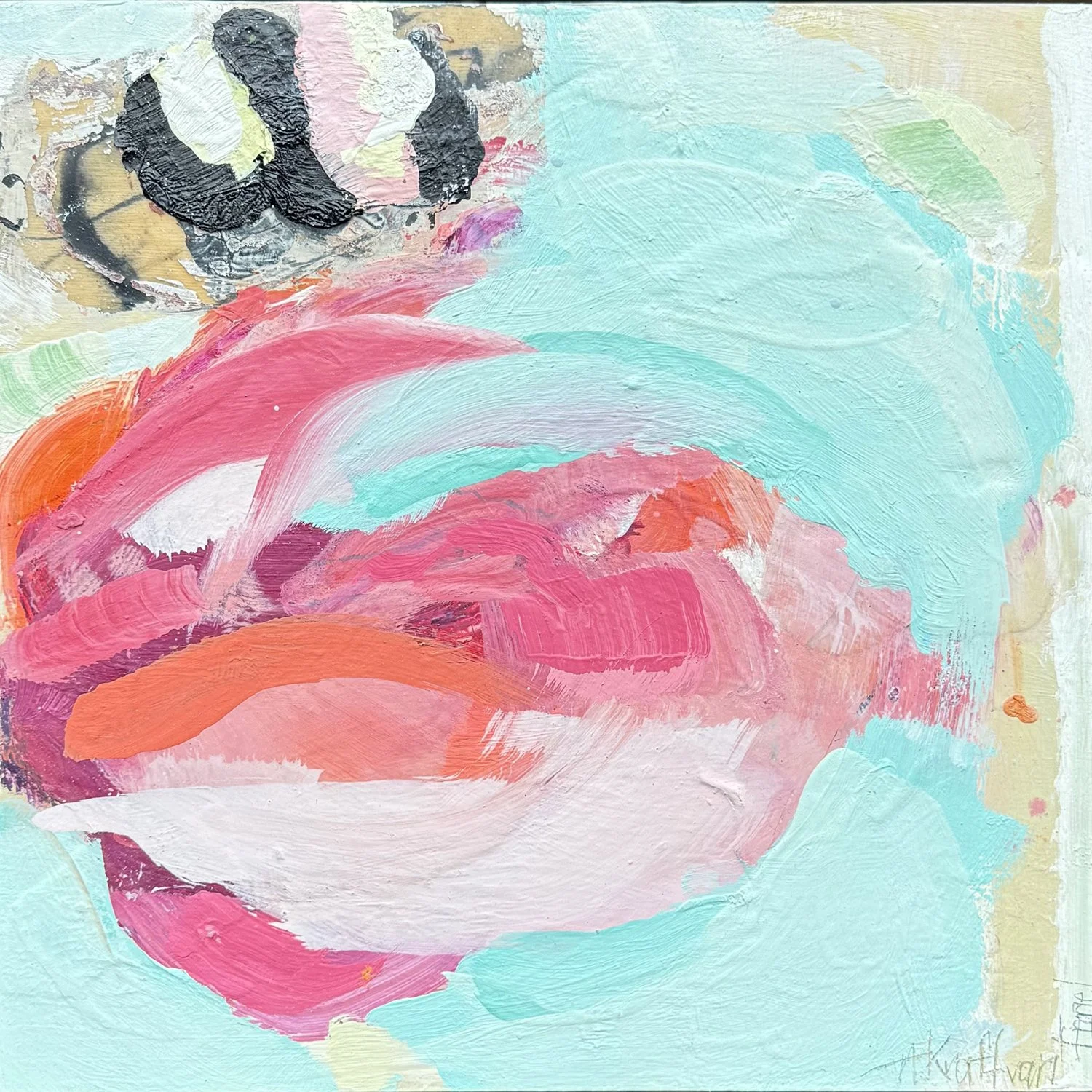 Annette Kraft van Ermel "Pink Veneer" mixed media on panel, 12" x 12"