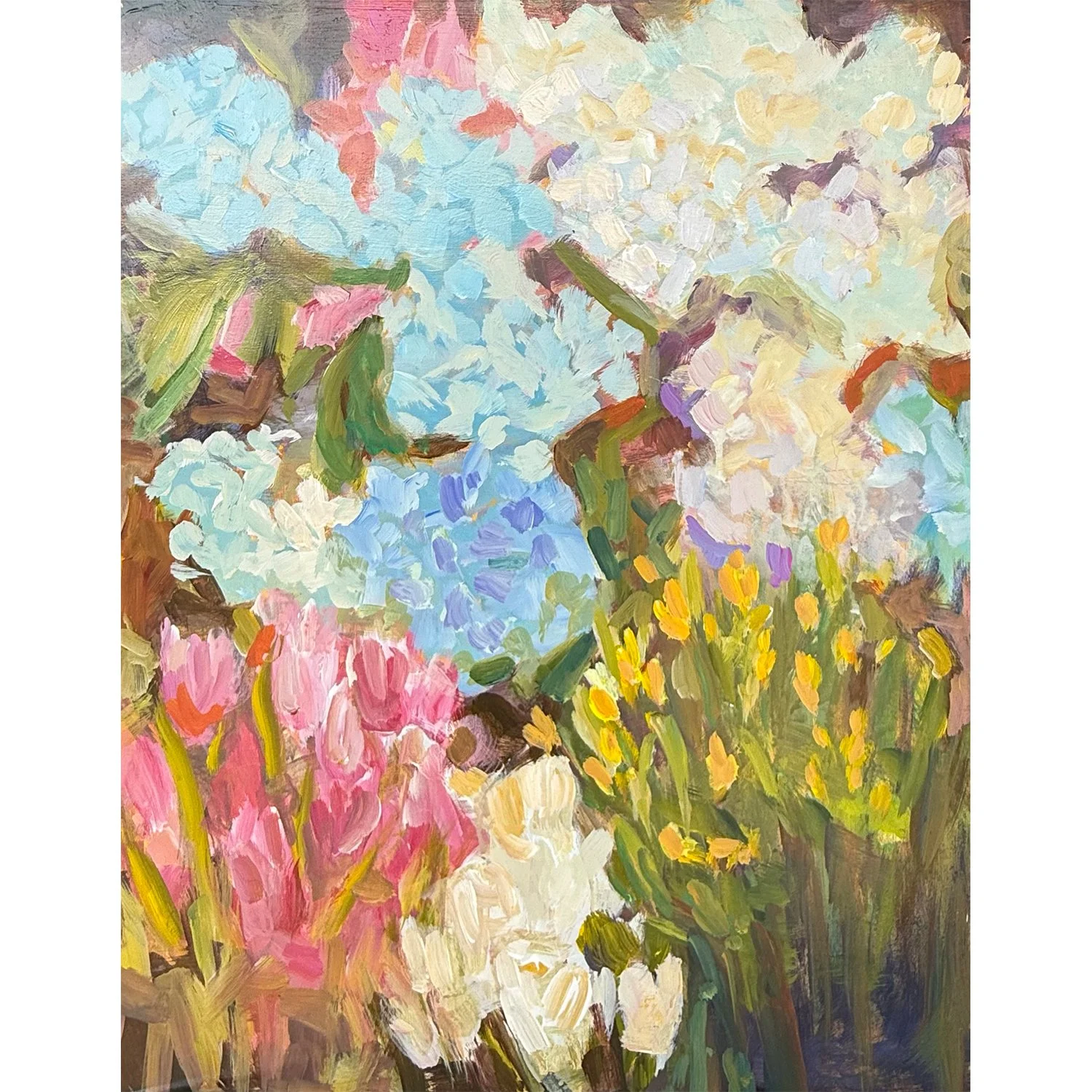 Jacquelyn Sloane Siklos "Hydrangeas at the Market" acrylic on wooden panel, 16" x 20", unframed.