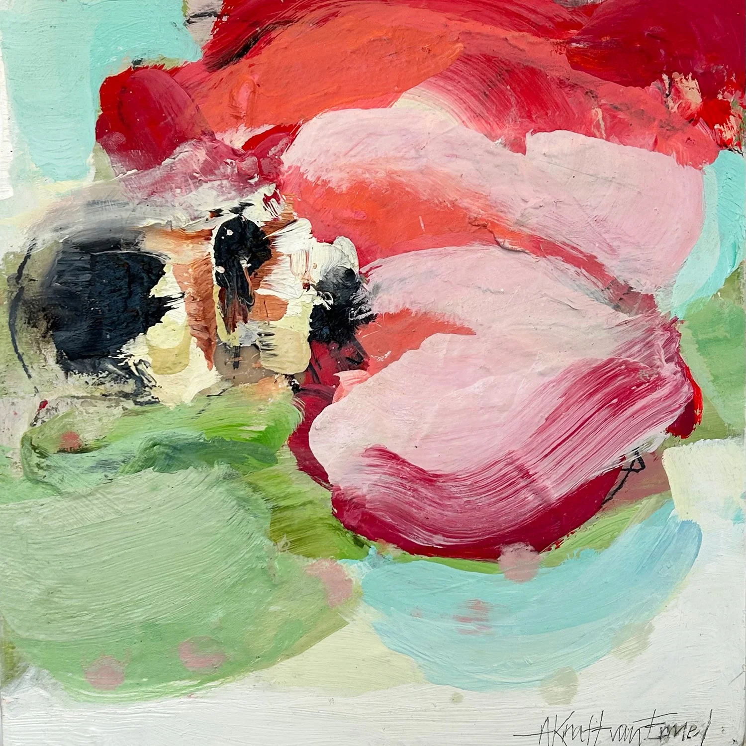 Annette Kraft van Ermel "A Taste of Rouge" mixed media on panel, 12" x 12"