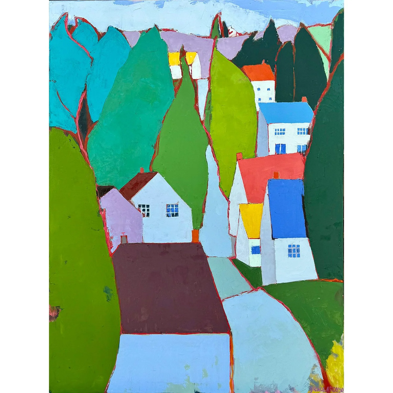 Grace Afonso "Hill Top Town (Bancroft)" oil on canvas, 48" x 36"