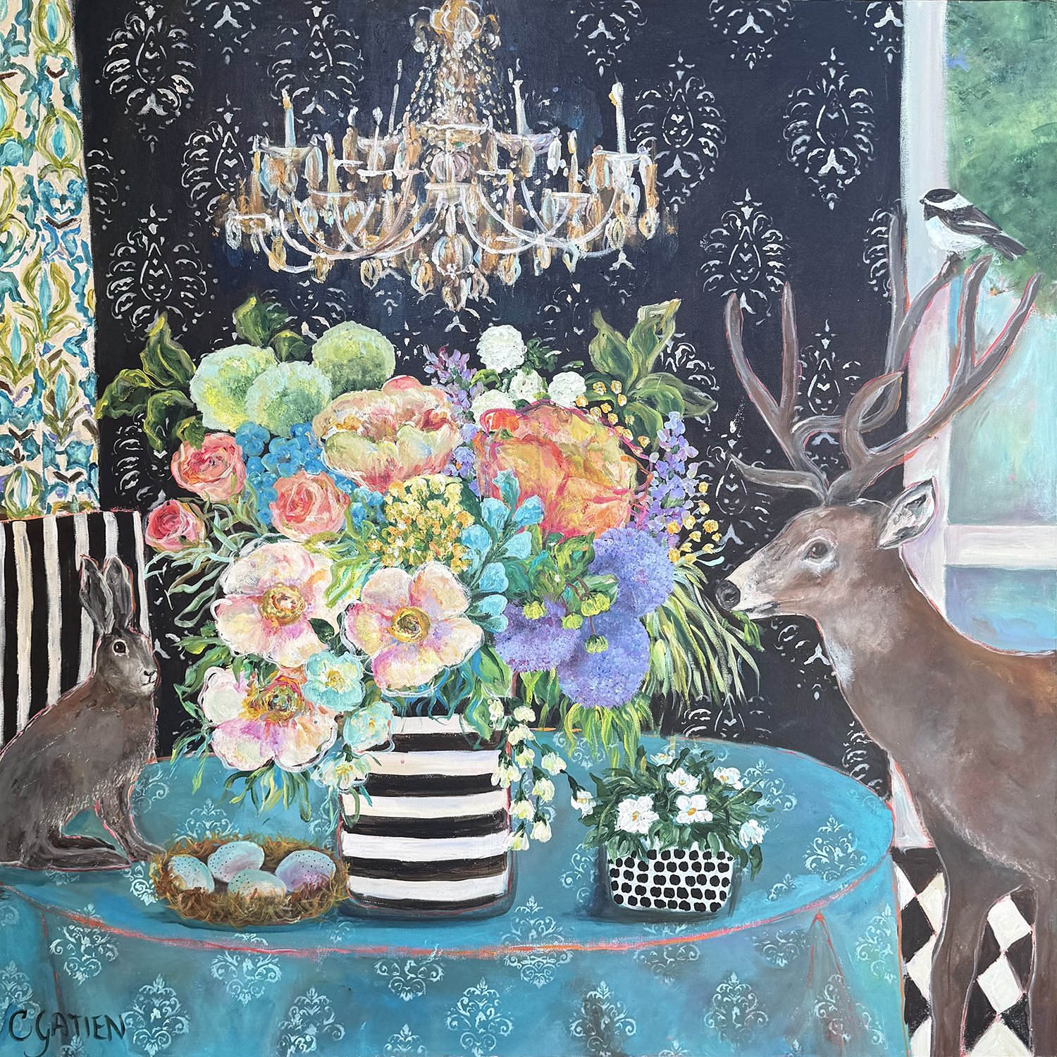 Cynthia Gatien "Are We in the Right Place?" acrylic on canvas, 48" x 48"