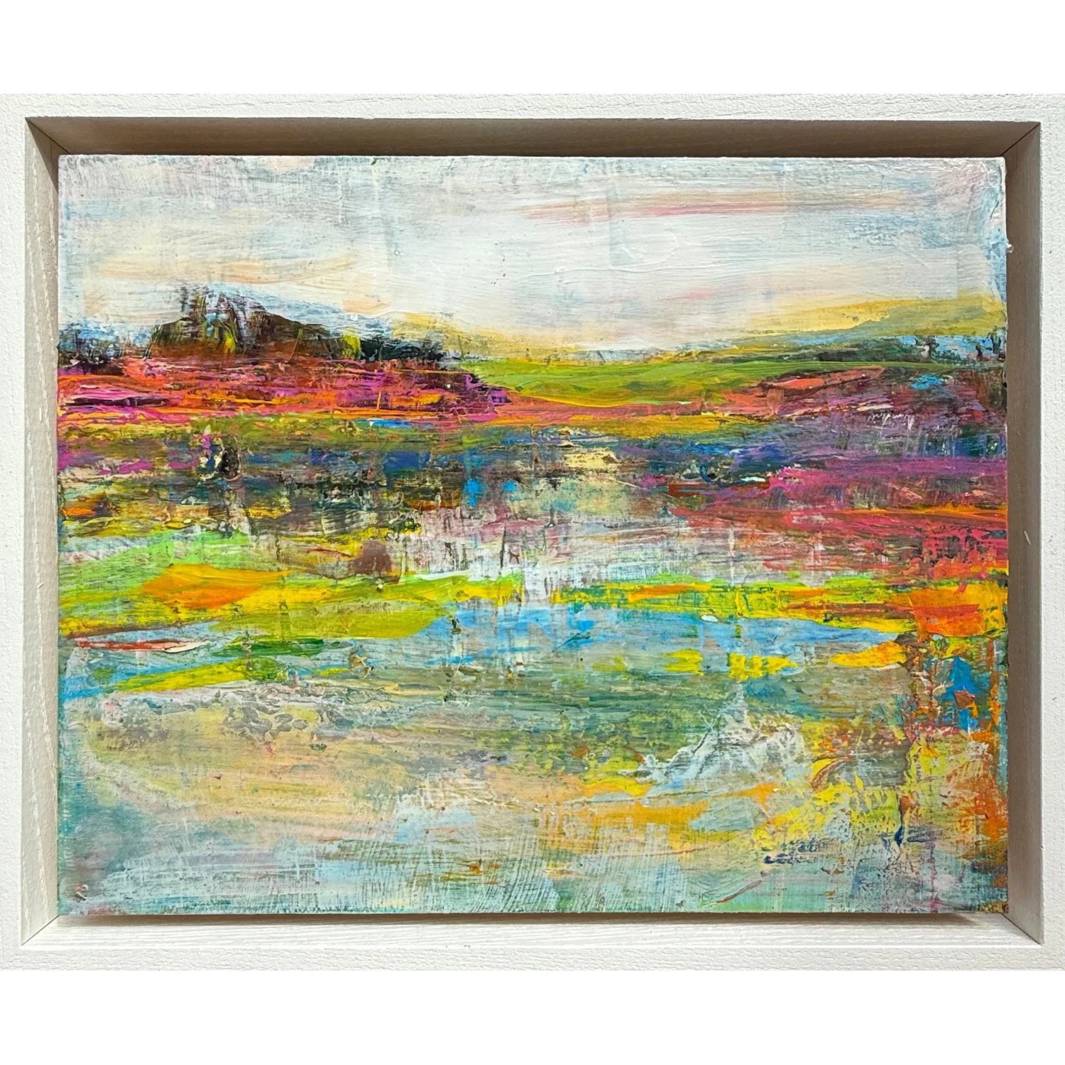 Jacquelyn Sloane Siklos "At the Lake at Last" acrylic on wooden panel, 8" x 10", framed.