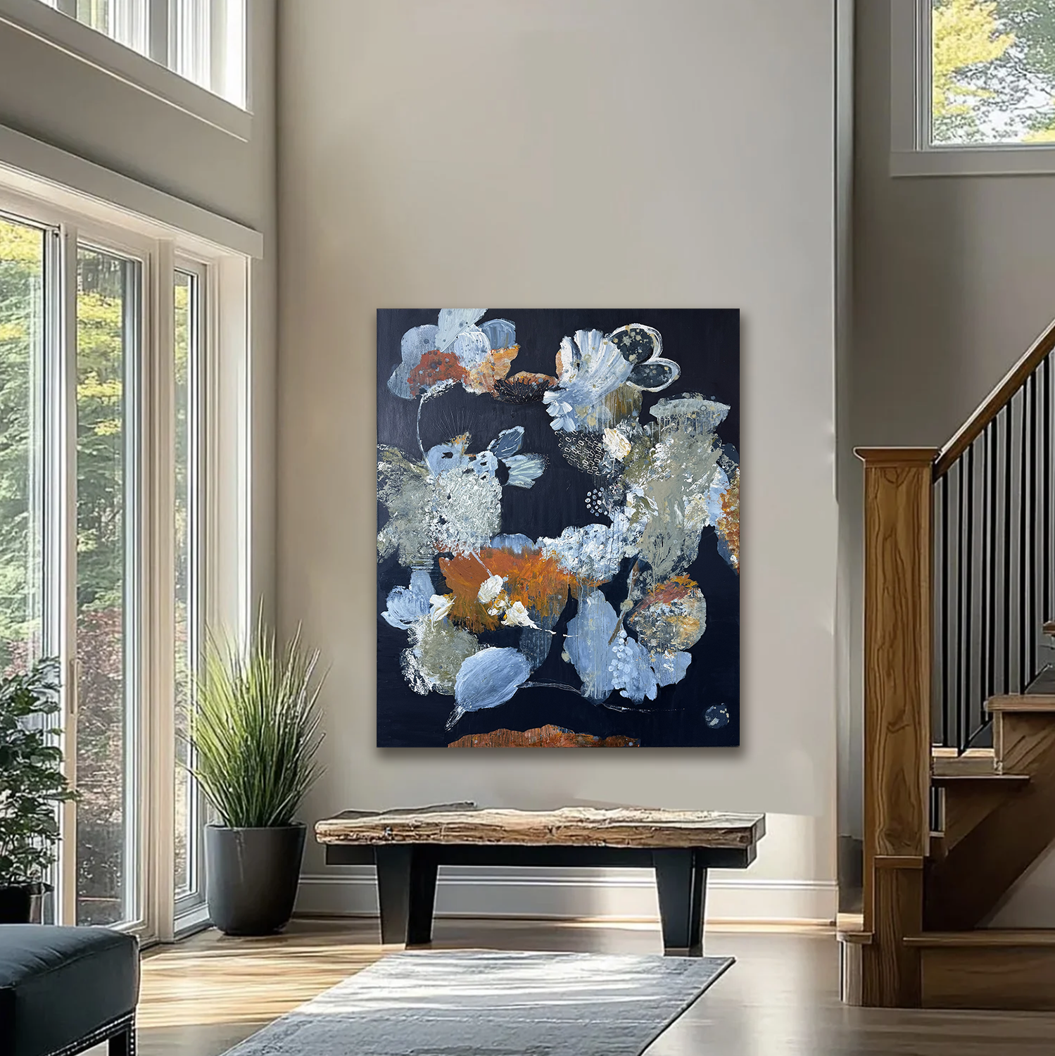 Linelle LeMoine "The Best of the Winter Months" mixed media on canvas, 60"x48". In-situ, modern home design. Canvas Gallery Toronto.