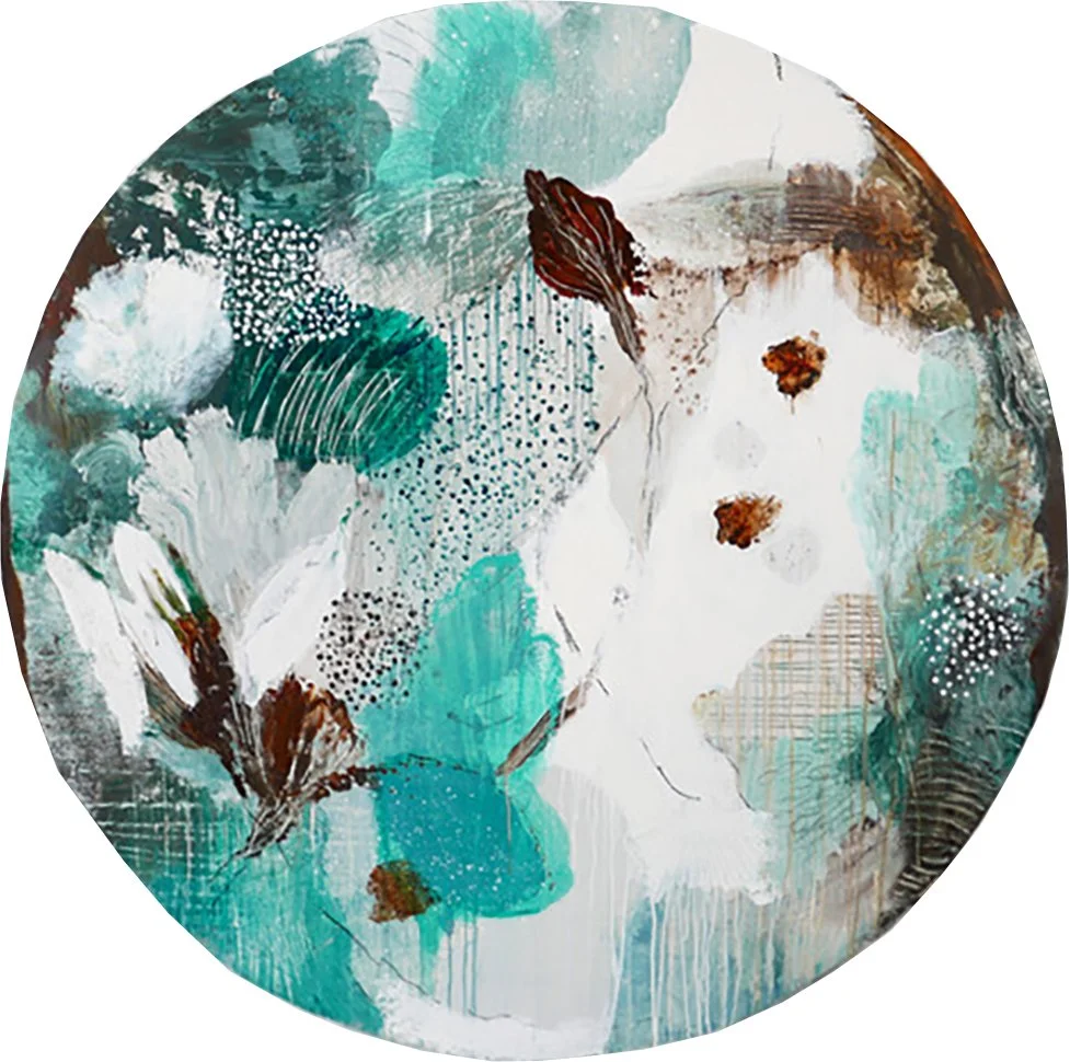 Linelle LeMoine "The Shape of Seasons" mixed media on panel, 47.5" x 47.5"