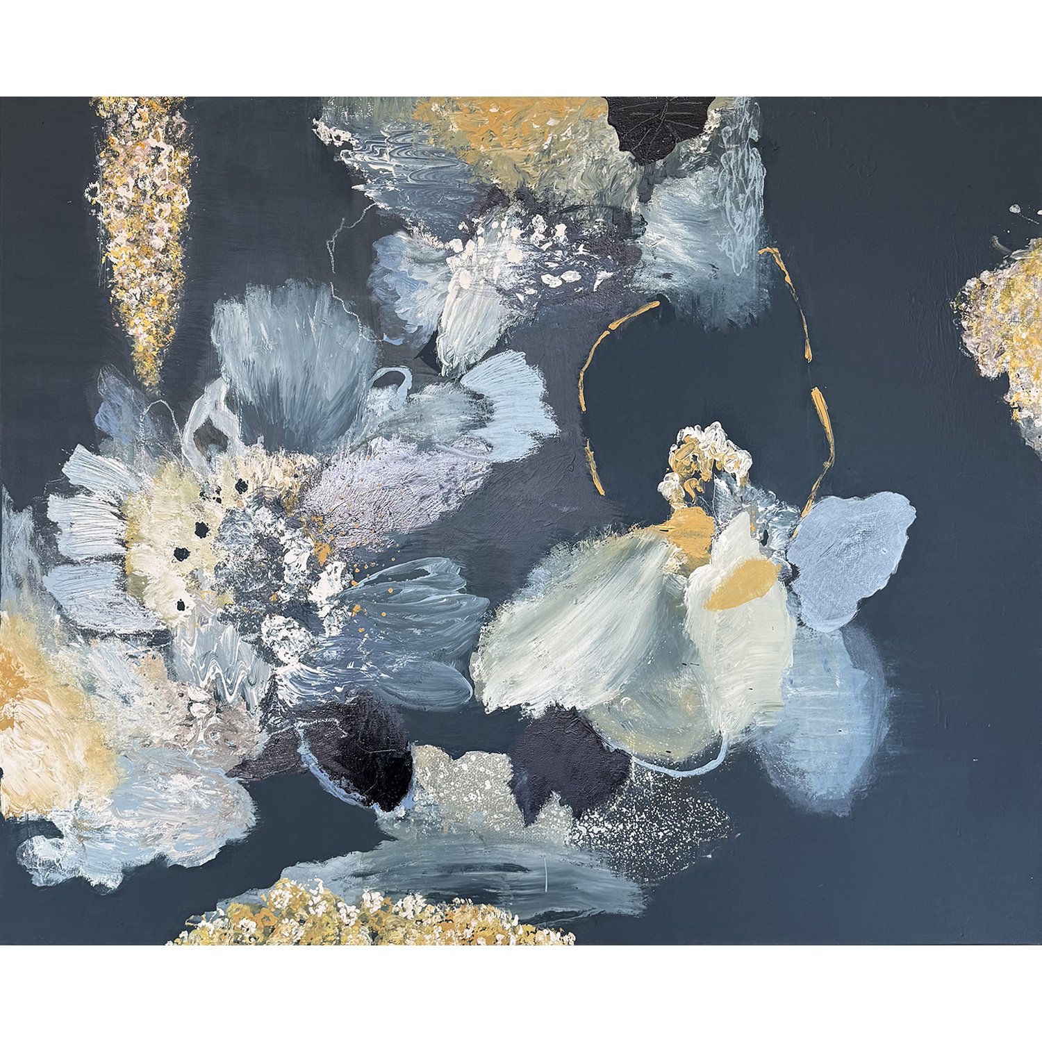 Linelle LeMoine "Pond Blooms Reflected at Night" mixed media on canvas, 48" x 60"