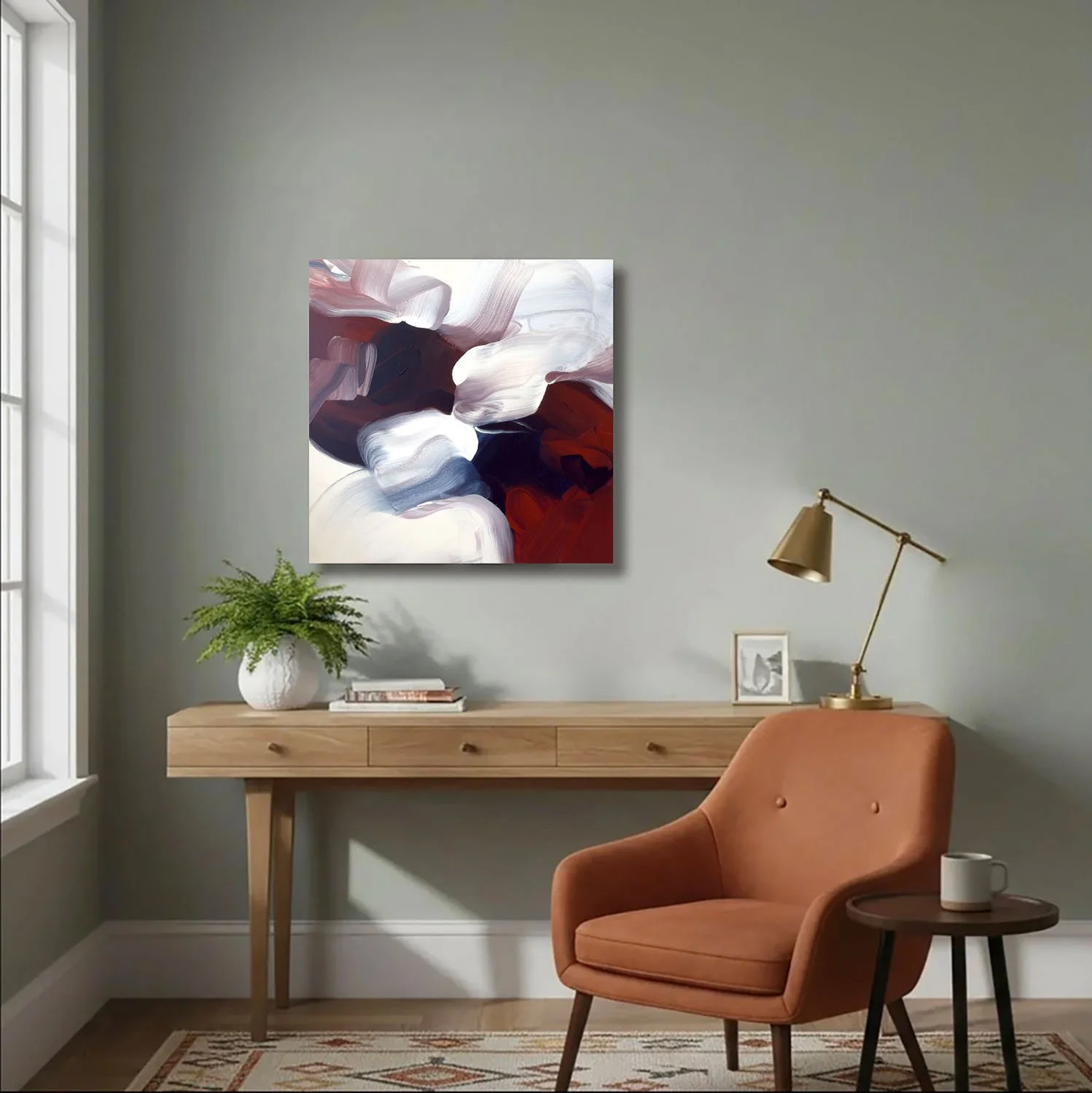 Julie Hawkins "Fade Into You" acrylic on canvas, 30" x 30". Canvas Gallery Toronto. Artwork in-situ modern home.