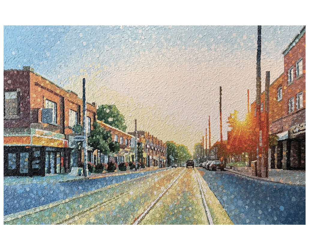 460-272 | Susan Gale, Lighting the Way (Queen East), acrylic on panel, 48” x 72” $4600.