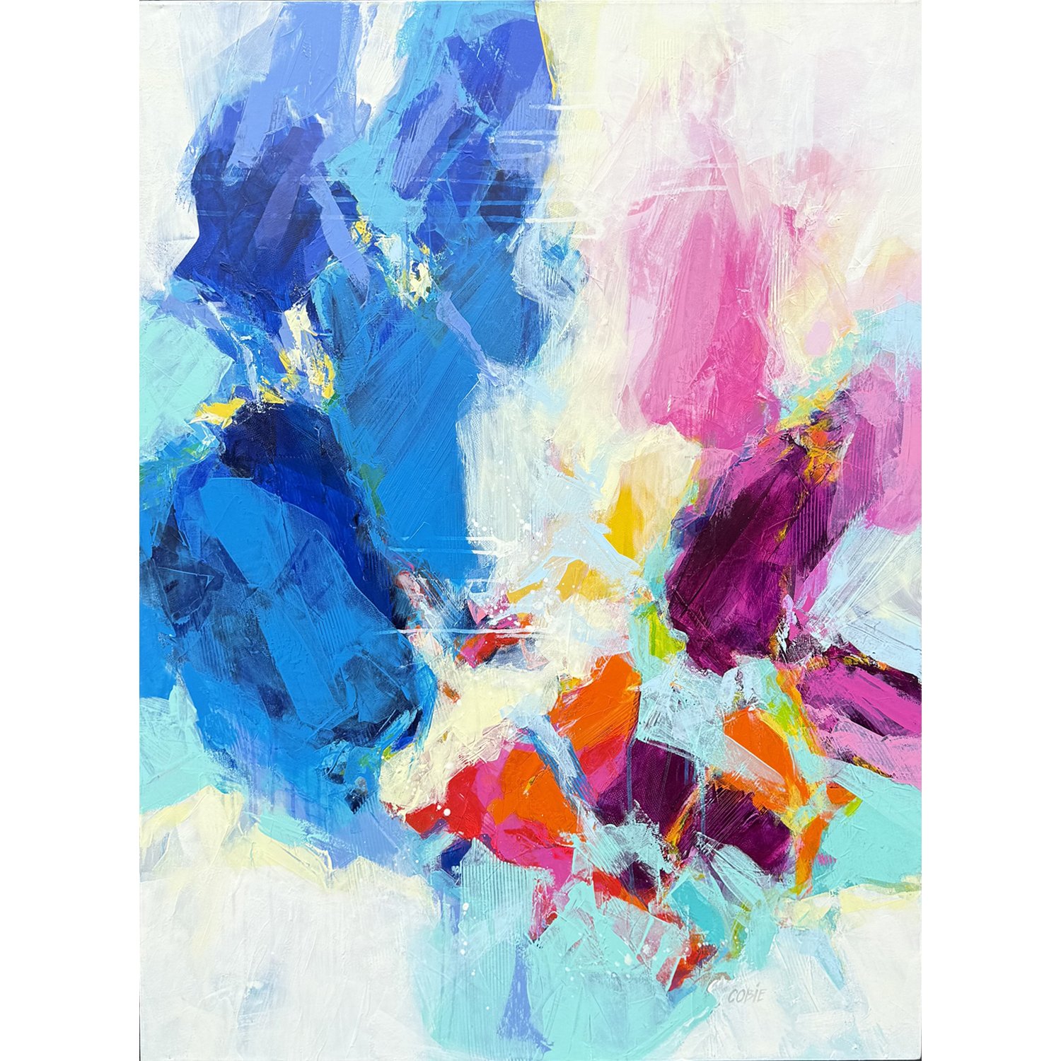 Cobie Cruz "At The Blue Cafe #4" mixed media on canvas, 48" x 36"