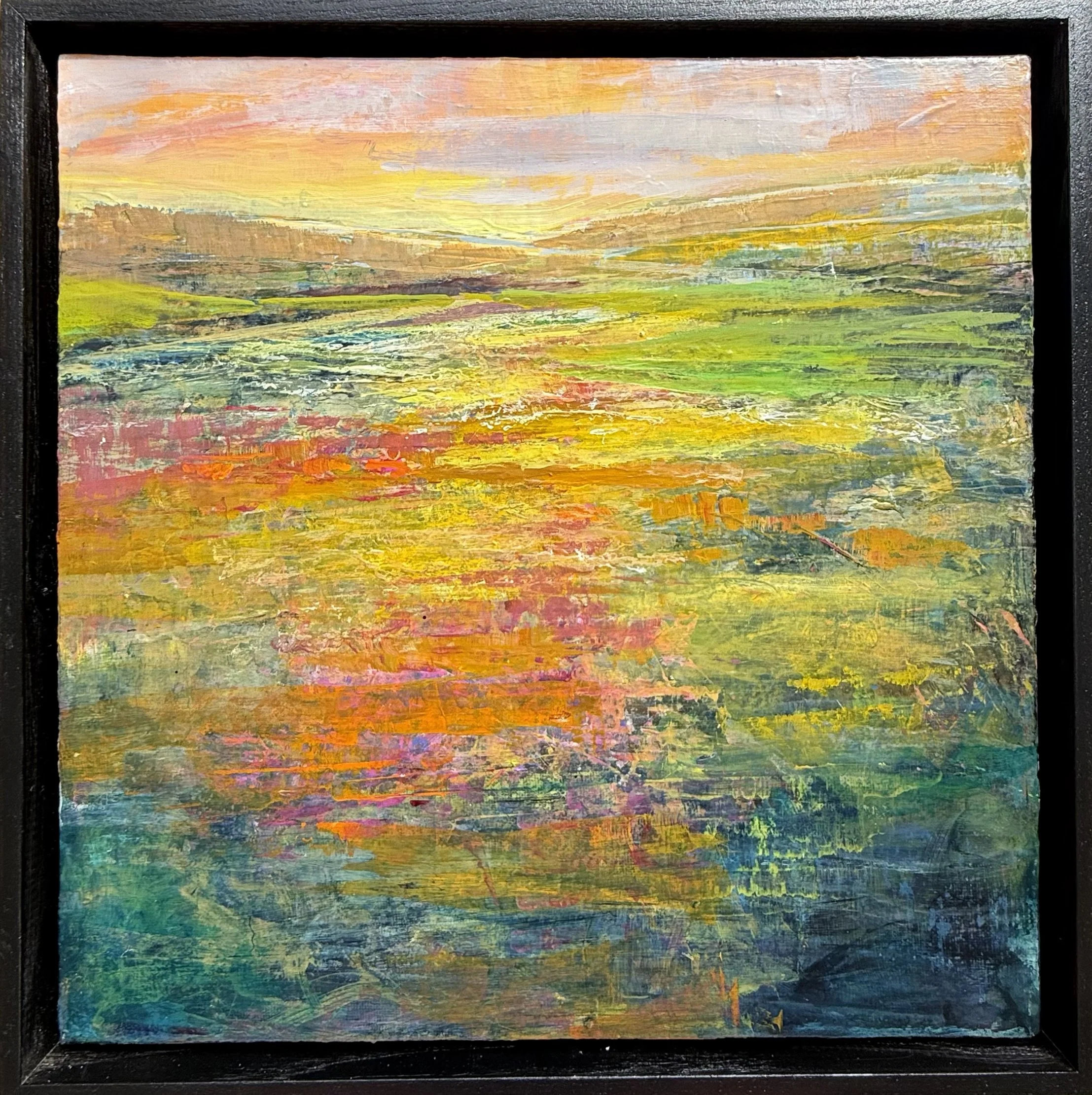 Jacquelyn Sloane Siklos "Bright Morning Sunrise" acrylic on wooden panel, 12" x 12", framed.