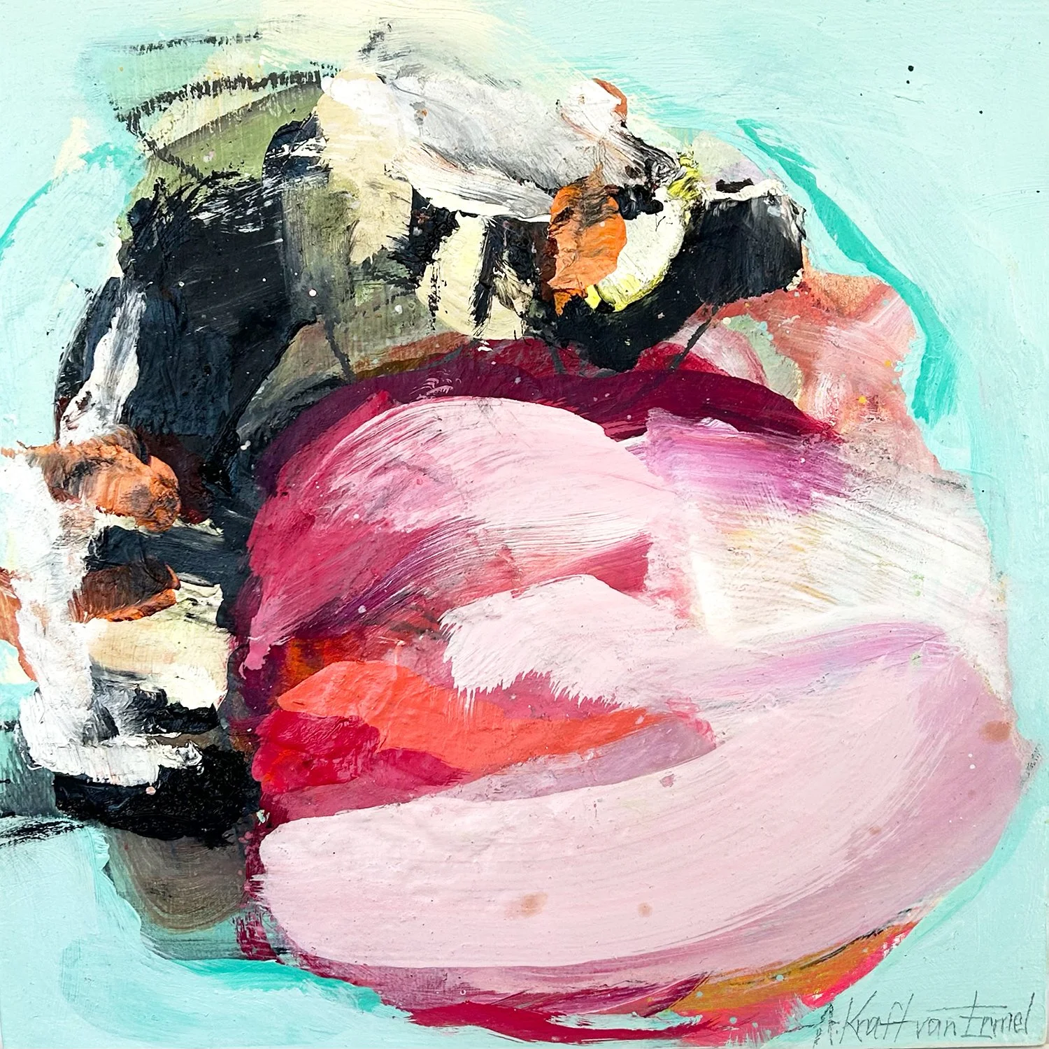 Annette Kraft van Ermel "Sharing Dessert" mixed media on panel, 12" x 12"