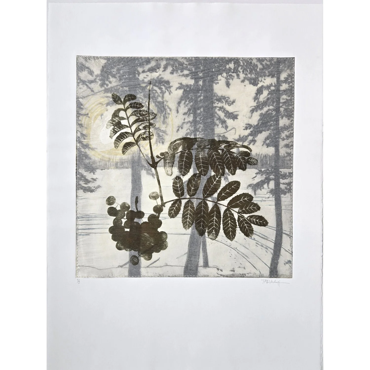 Tammy Ratcliff "Mountain Ash/Memento" monoprint with hand stitching, 30" x 22"