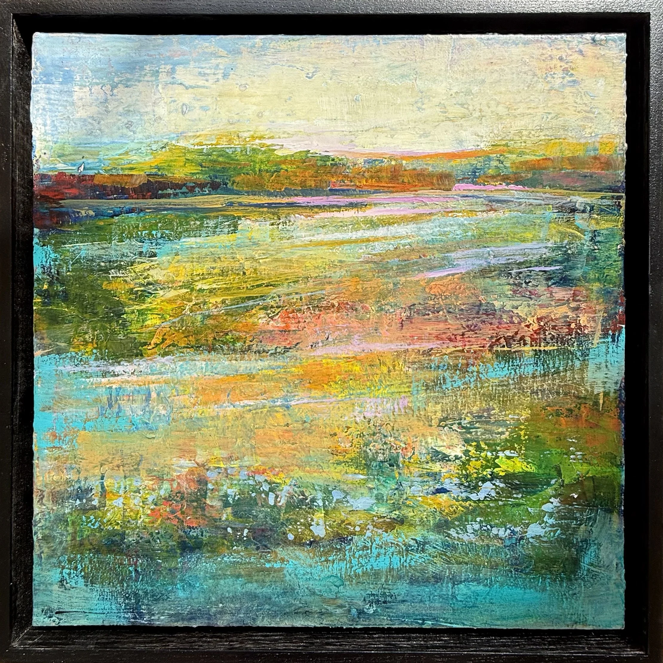 Jacquelyn Sloane Siklos "Early Morning Sunrise" acrylic on wooden panel, 12" x 12", framed.